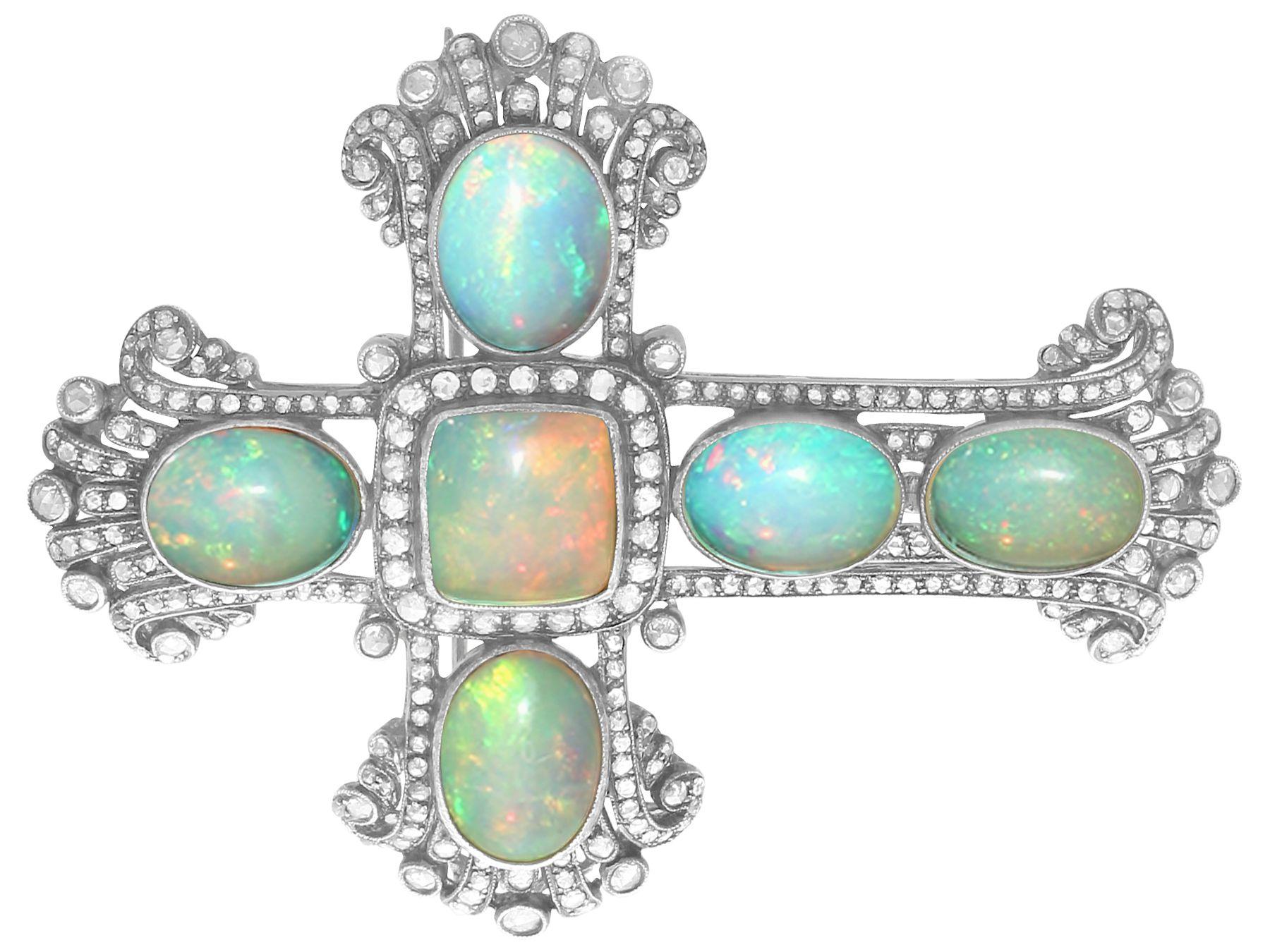 Victorian Antique 20.34 Carat Opal and 4.63 Carat Diamond Silver Gilt Cross Pendant Brooch For Sale