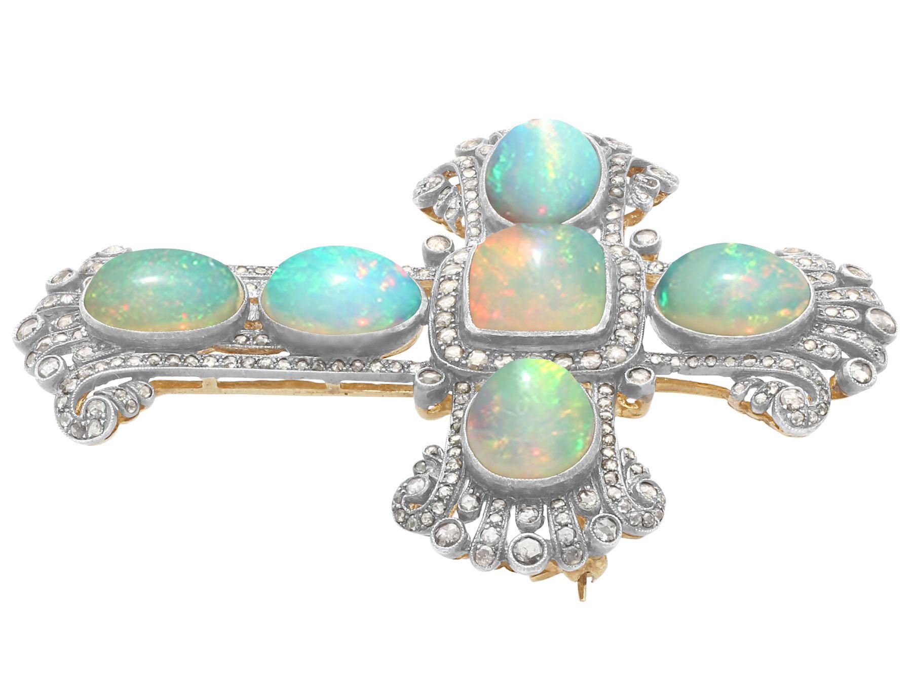 Cabochon Antique 20.34 Carat Opal and 4.63 Carat Diamond Silver Gilt Cross Pendant Brooch For Sale