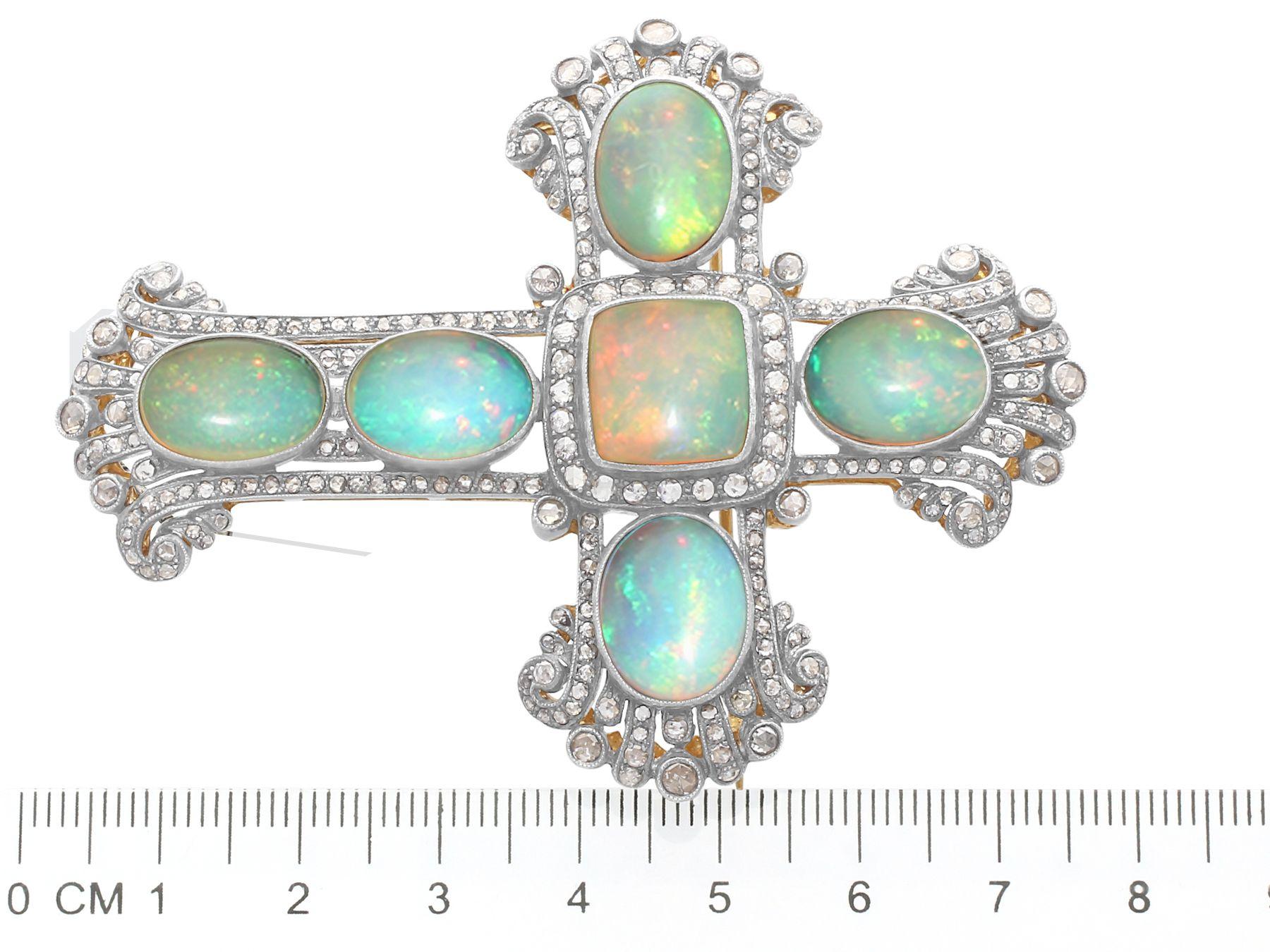 Antique 20.34 Carat Opal and 4.63 Carat Diamond Silver Gilt Cross Pendant Brooch For Sale 1
