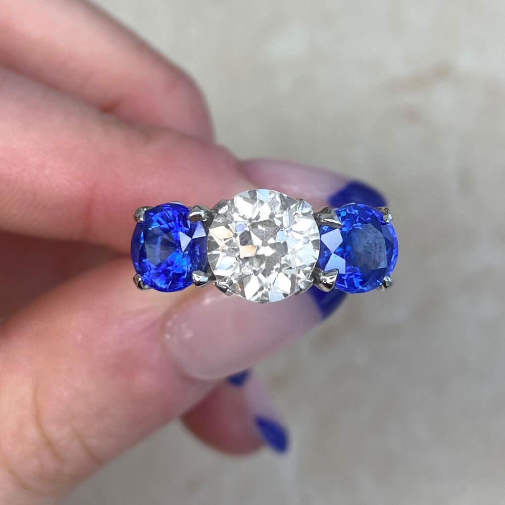 Antique 2.04ct Old Euro Cut Diamond Ring, VS1 Clarity, Sapphires, Art Deco For Sale 5