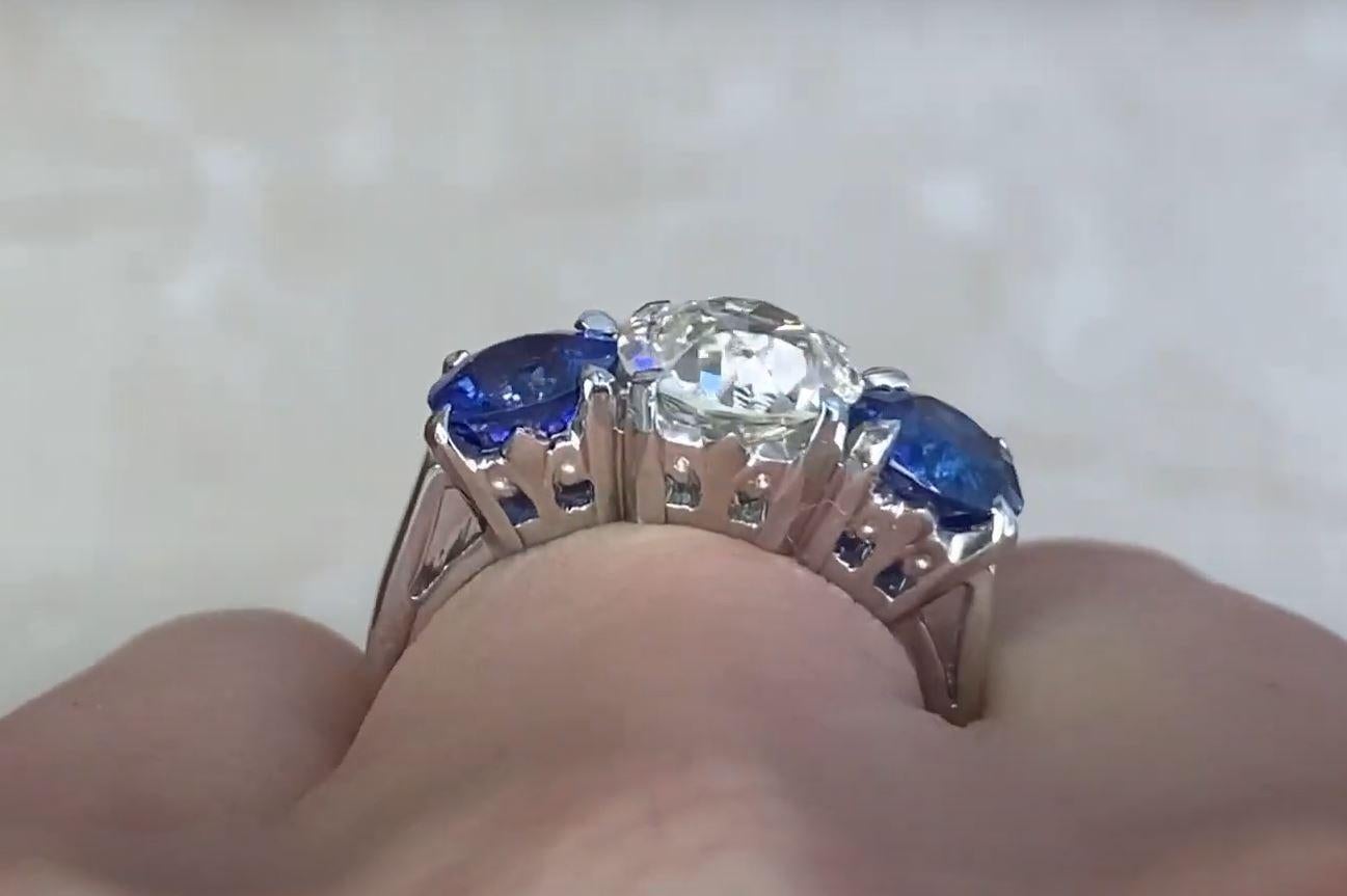 Antique 2.04ct Old Euro Cut Diamond Ring, VS1 Clarity, Sapphires, Art Deco For Sale 2