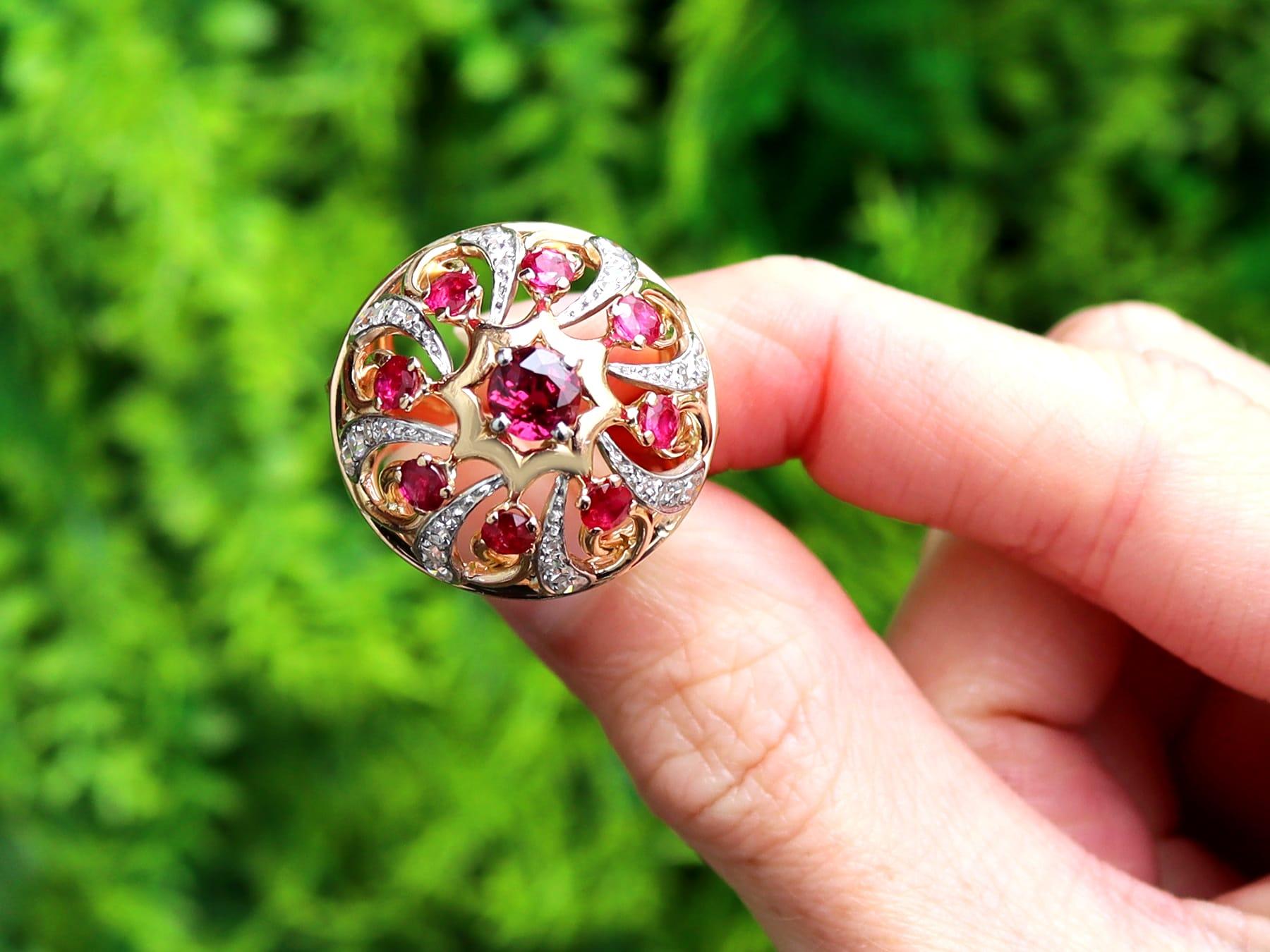 A stunning, fine and impressive antique 2.04 carat ruby and 0.96 carat diamond, 18 karat yellow gold and platinum set dress ring; part of our diverse collection of 1930's ruby cocktail rings.

This stunning, fine and impressive ruby and diamond ring