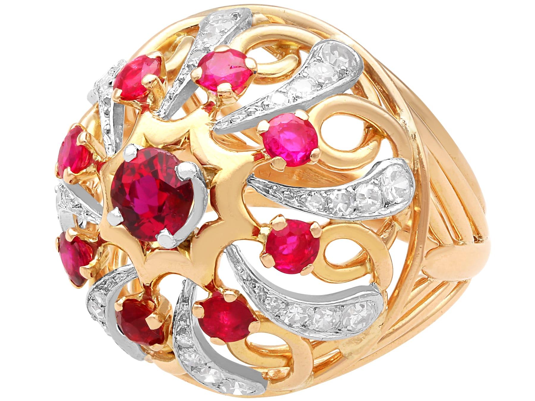 Round Cut Antique 2.04Ct Ruby and 0.96Ct Diamond, 18k Yellow Gold Cocktail Ring Circa 1935 For Sale