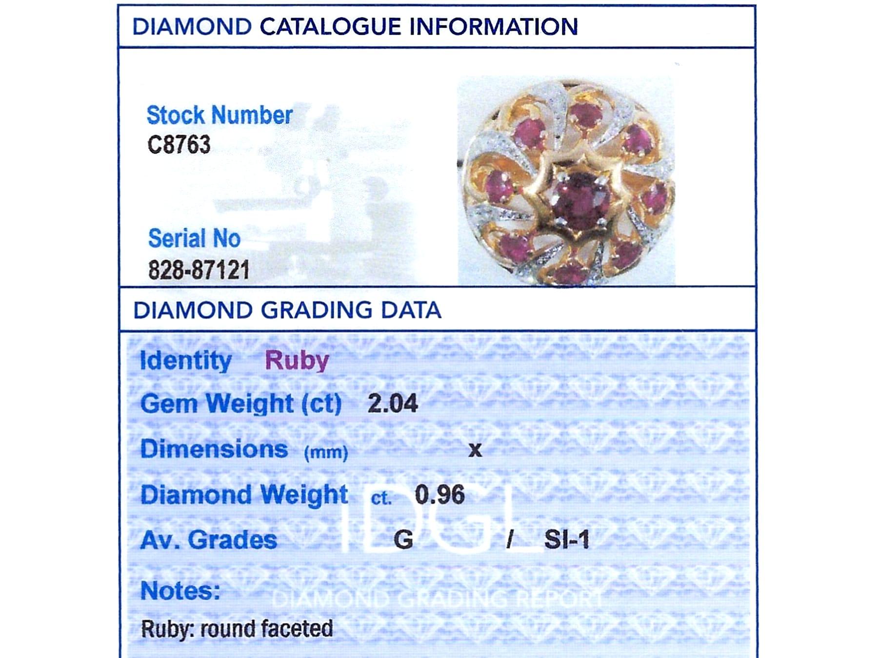 Antique 2.04Ct Ruby and 0.96Ct Diamond, 18k Yellow Gold Cocktail Ring Circa 1935 For Sale 1