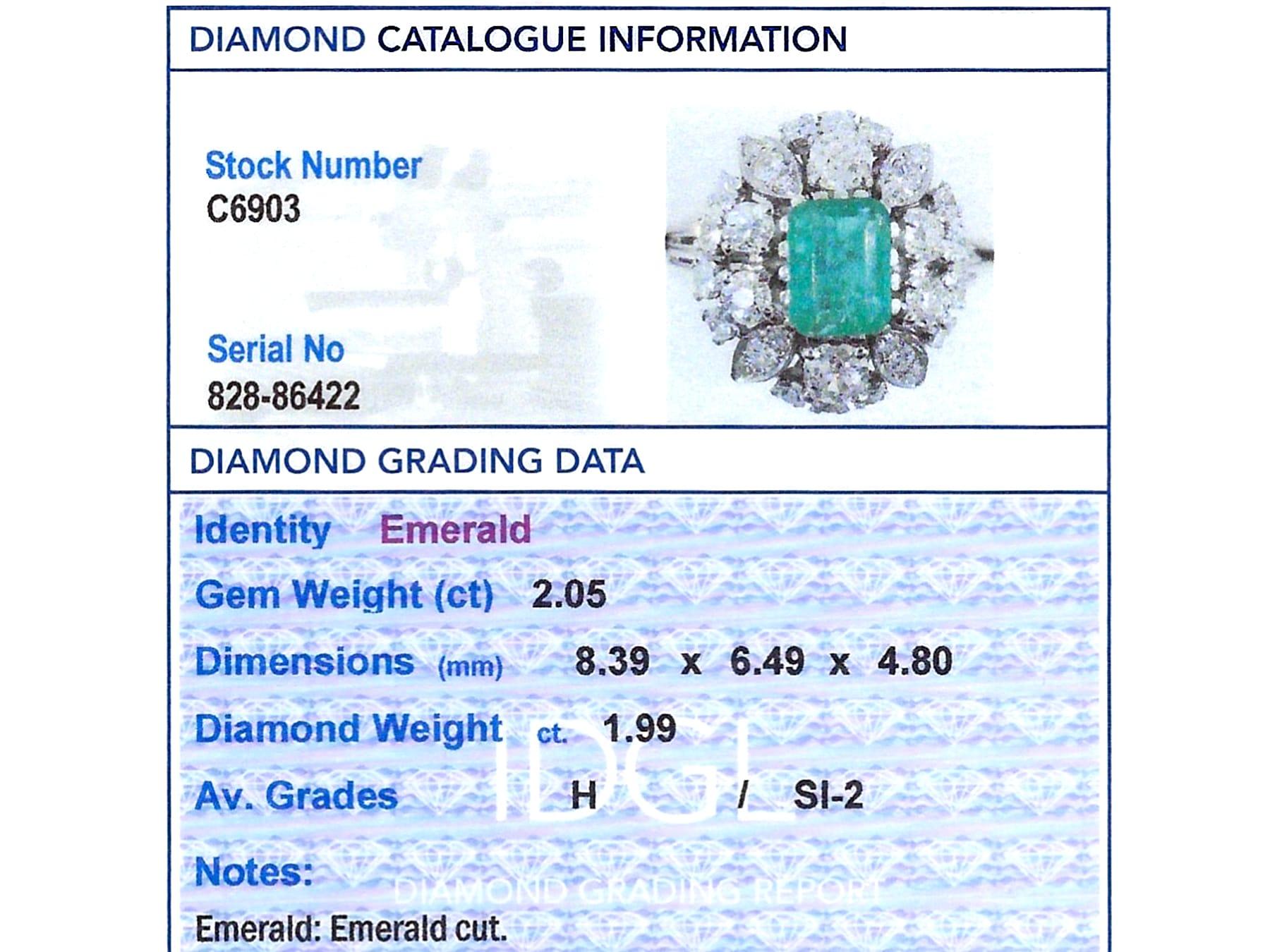 Antique 2.05 Carat Emerald and 1.99 Carat Diamond Platinum Cocktail Ring For Sale 3