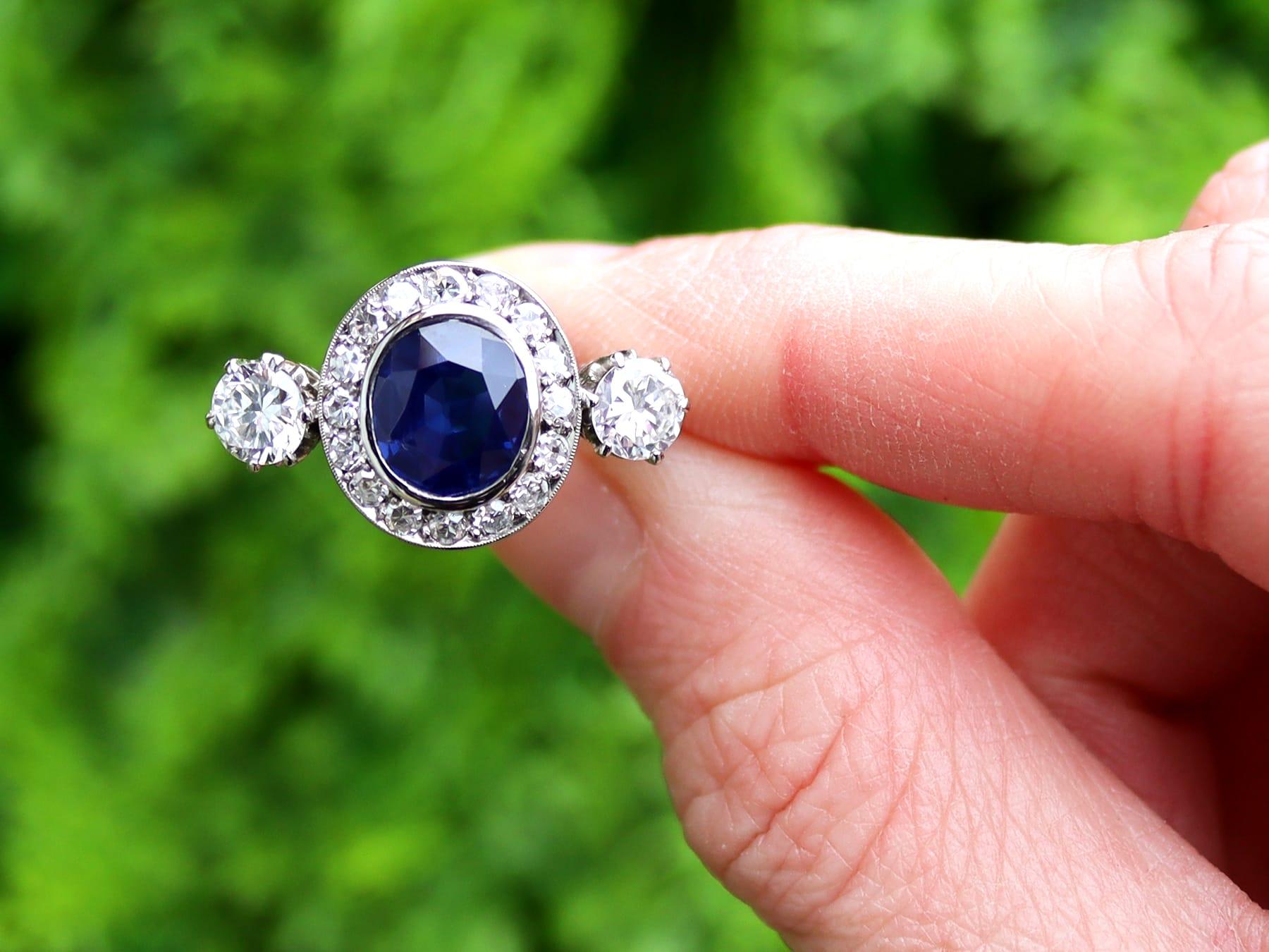 A stunning, fine and impressive antique 2.05 carat sapphire and 1.49 carat diamond, platinum ring; part of our diverse collection of antique sapphire jewelry.

This stunning, fine and impressive antique sapphire and diamond ring has been crafted in