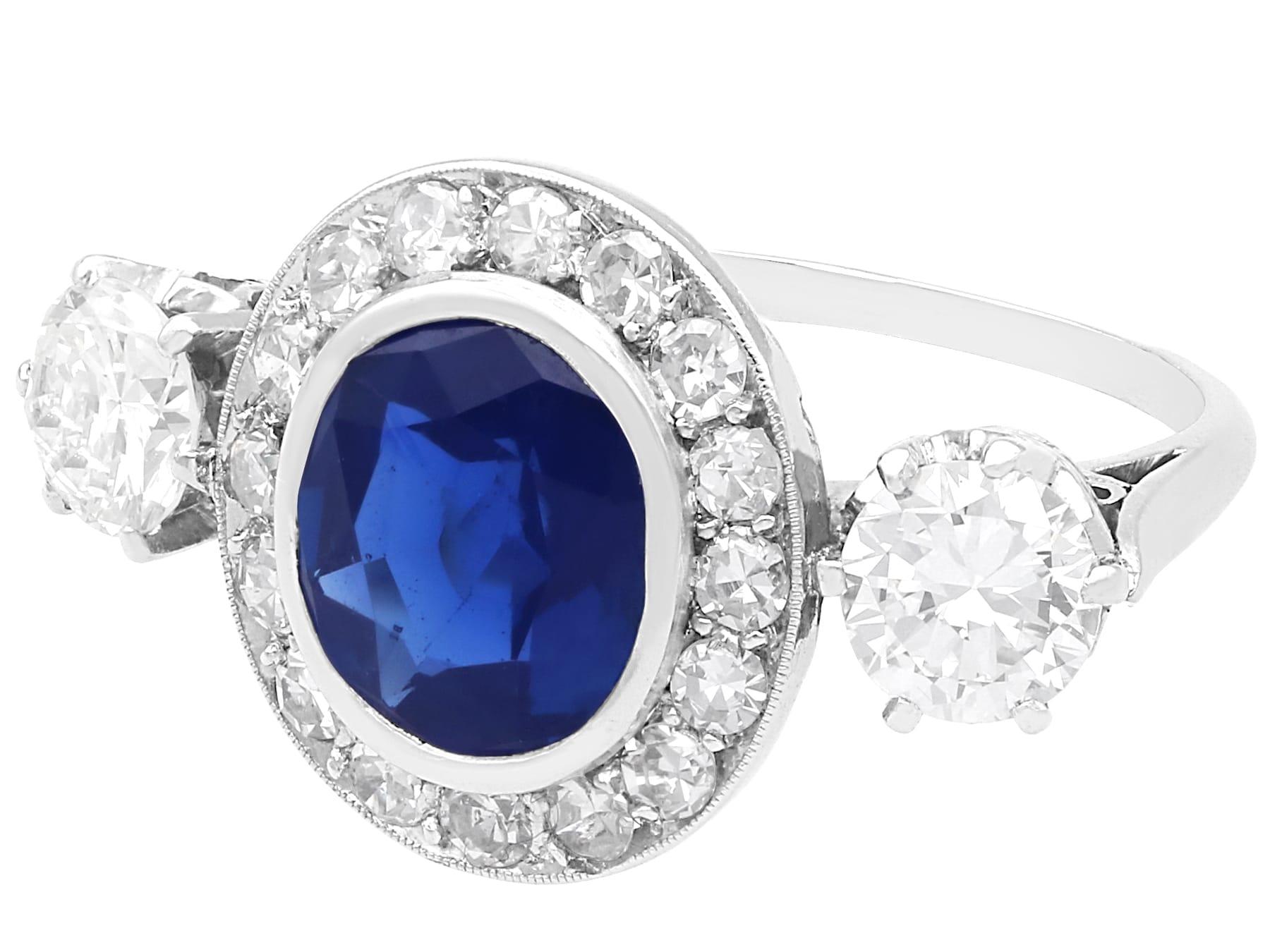 Women's or Men's Antique 2.05 Carat Sapphire and 1.49 Carat Diamond, Platinum Ring Circa 1930 For Sale