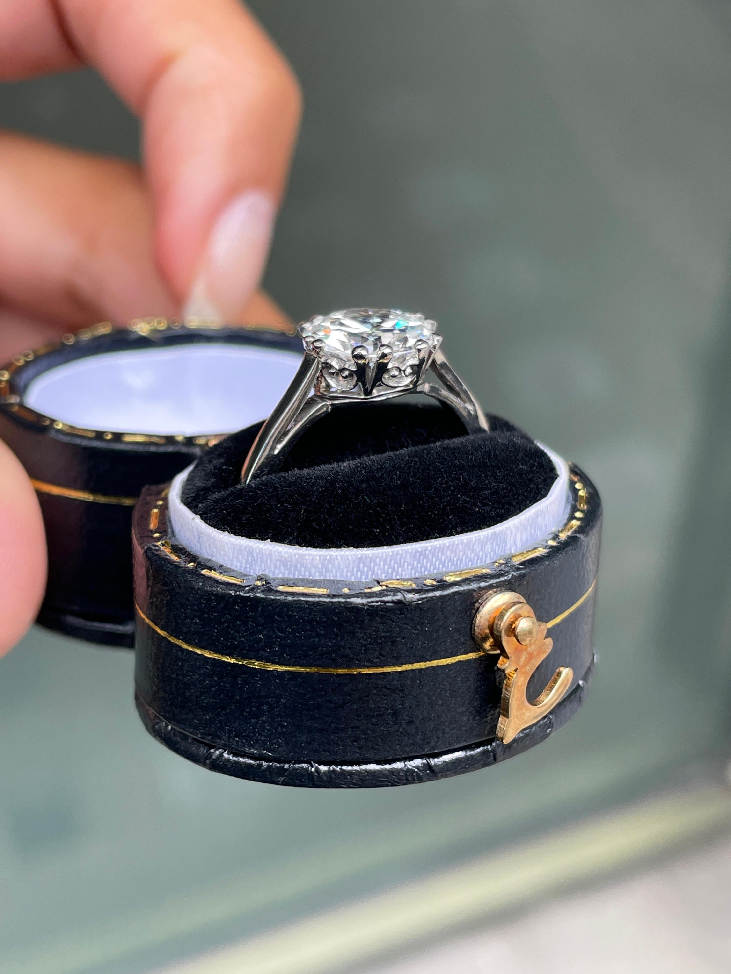 Old European Cut Antique 2.05 Carat F Si1 Old Cut Diamond Platinum Engagement Ring, circa 1920s For Sale