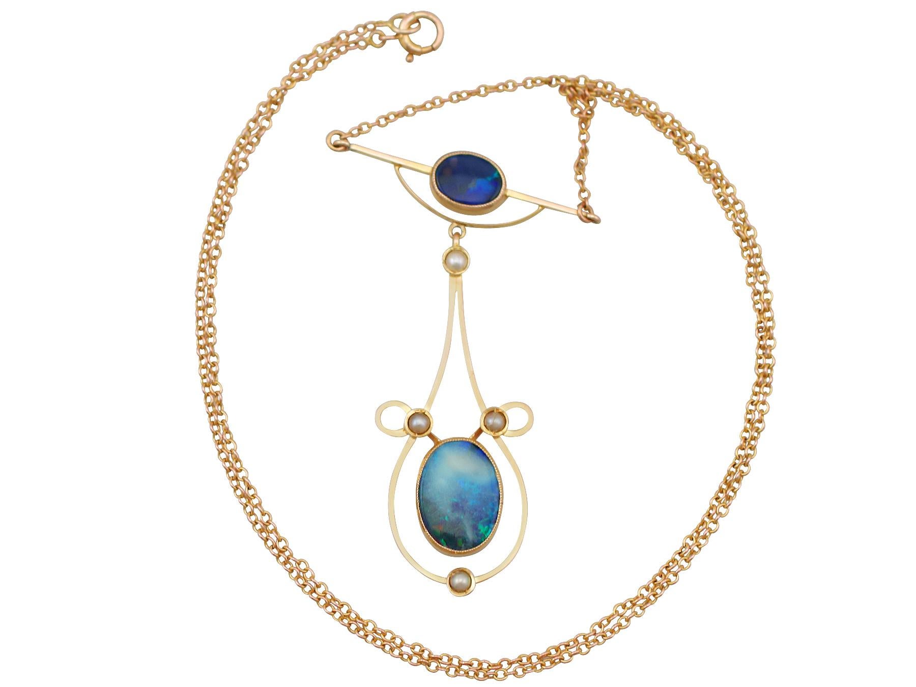 A fine and impressive 2.07 carat black opal and seed pearl, 9 karat yellow gold and 10 karat yellow gold necklace; part of our diverse antique jewellery and estate jewelry collections

This fine and impressive pearl and opal necklace has been