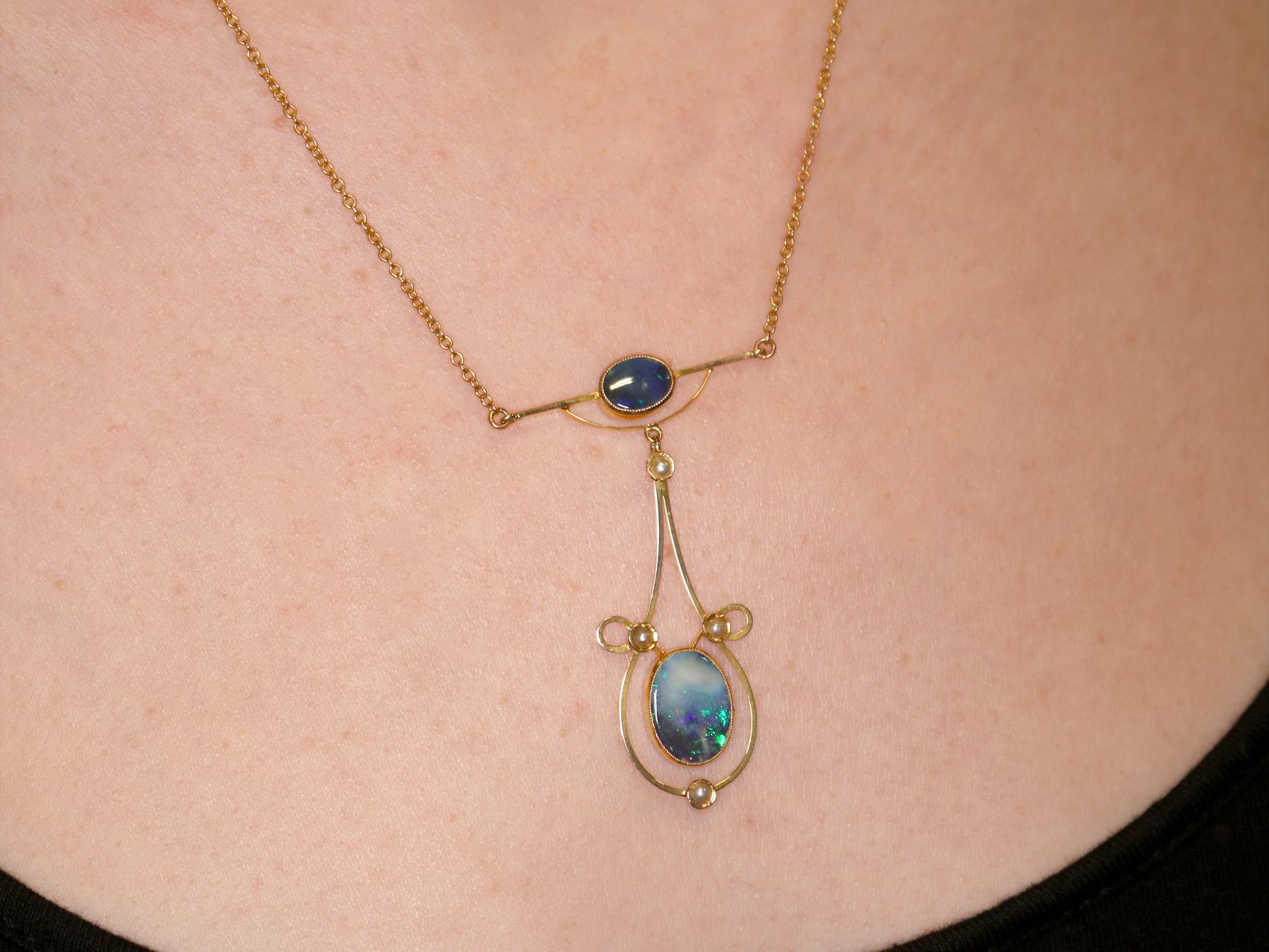 Antique 2.07 Carat Black Opal Pearl Gold Necklace 4