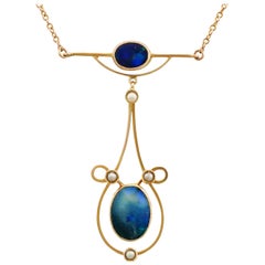 Antique 2.07 Carat Black Opal Pearl Gold Necklace