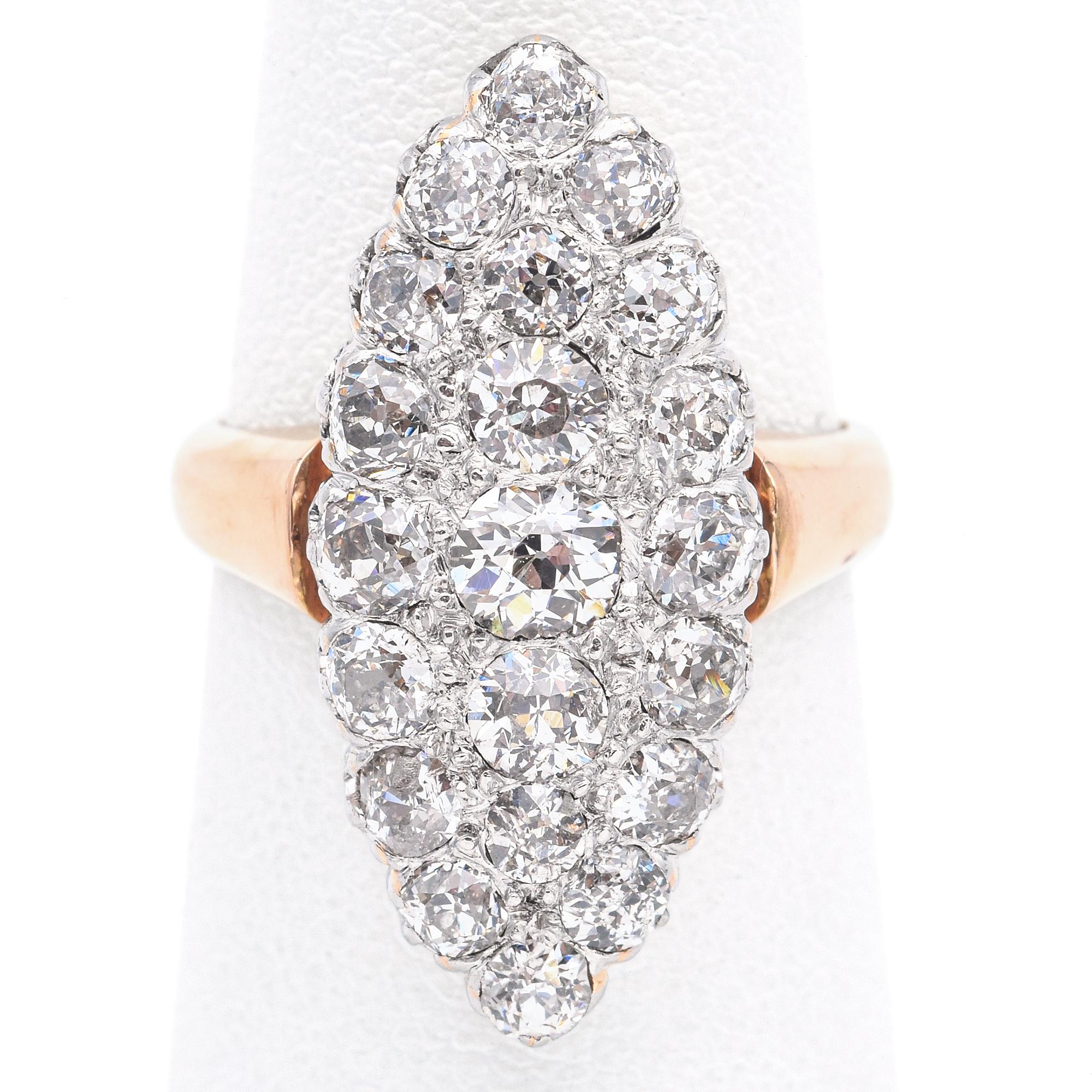 Ring is 18k gold, stone setting is platinum

Weight: 7.1 Grams
Stone: Approx. 2.09 TCW (0.08-0.25 Ct) Nice Old Cut Diamonds
Face of Ring: 24.7 x 11.2 x 5.2 mm
Ring Size: 5
Hallmark: Ring-18k gold tested, stone setting-platinum tested

Item #: