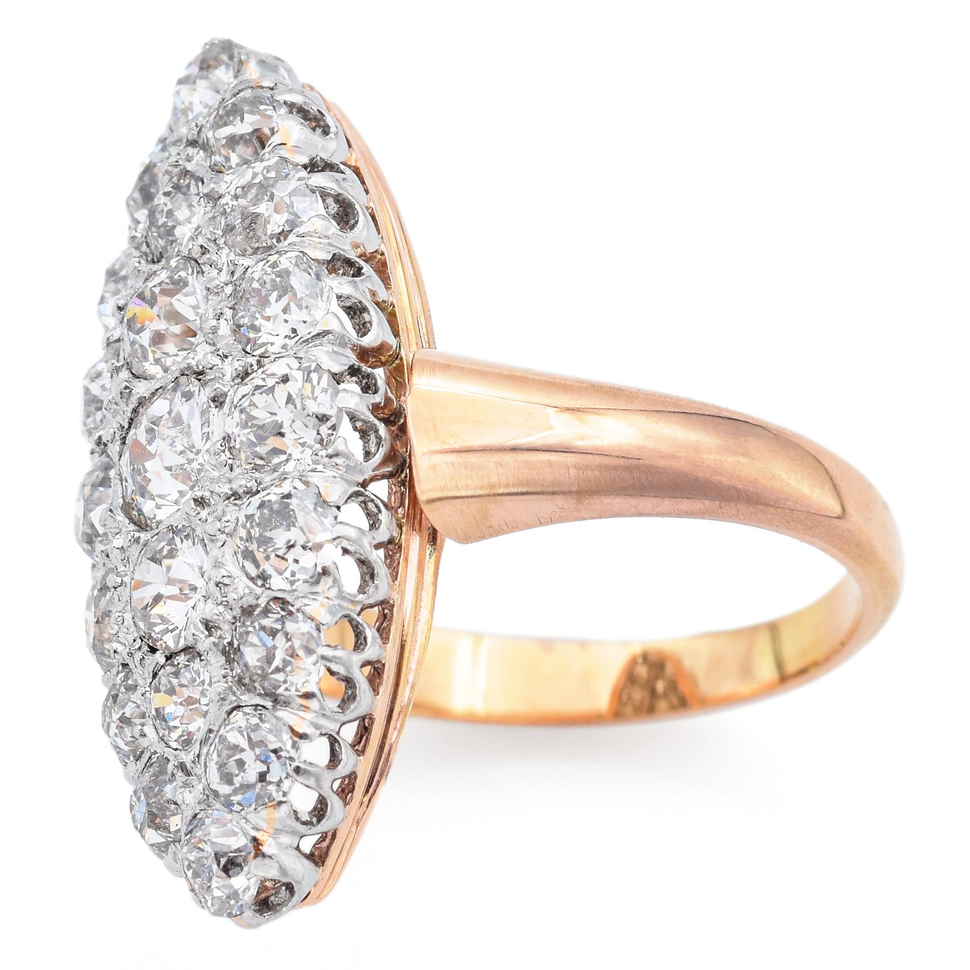 Round Cut Antique 2.09 TCW Old Cut Diamond Yellow Gold & Platinum Cocktail Ring Size 5 For Sale