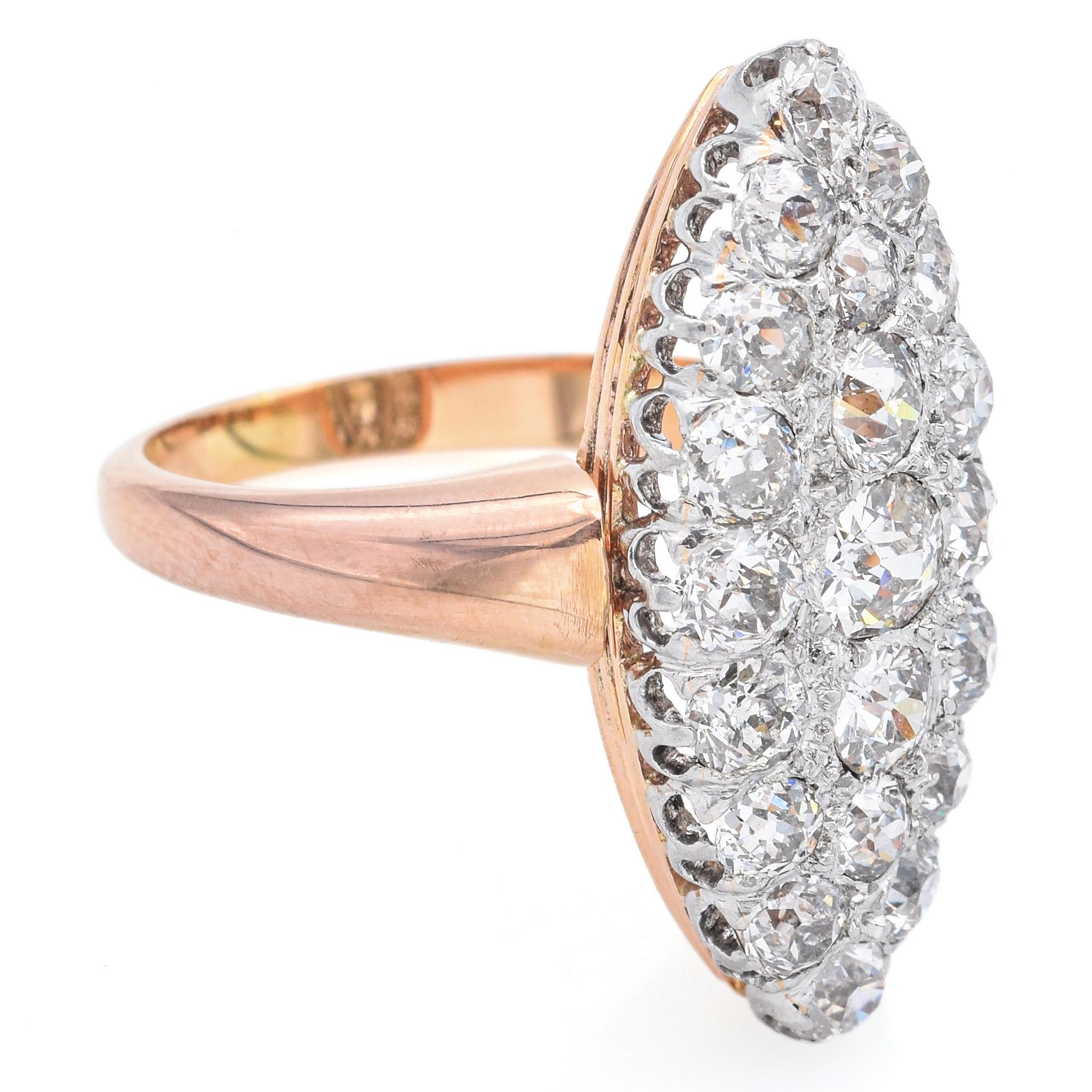 Women's Antique 2.09 TCW Old Cut Diamond Yellow Gold & Platinum Cocktail Ring Size 5 For Sale