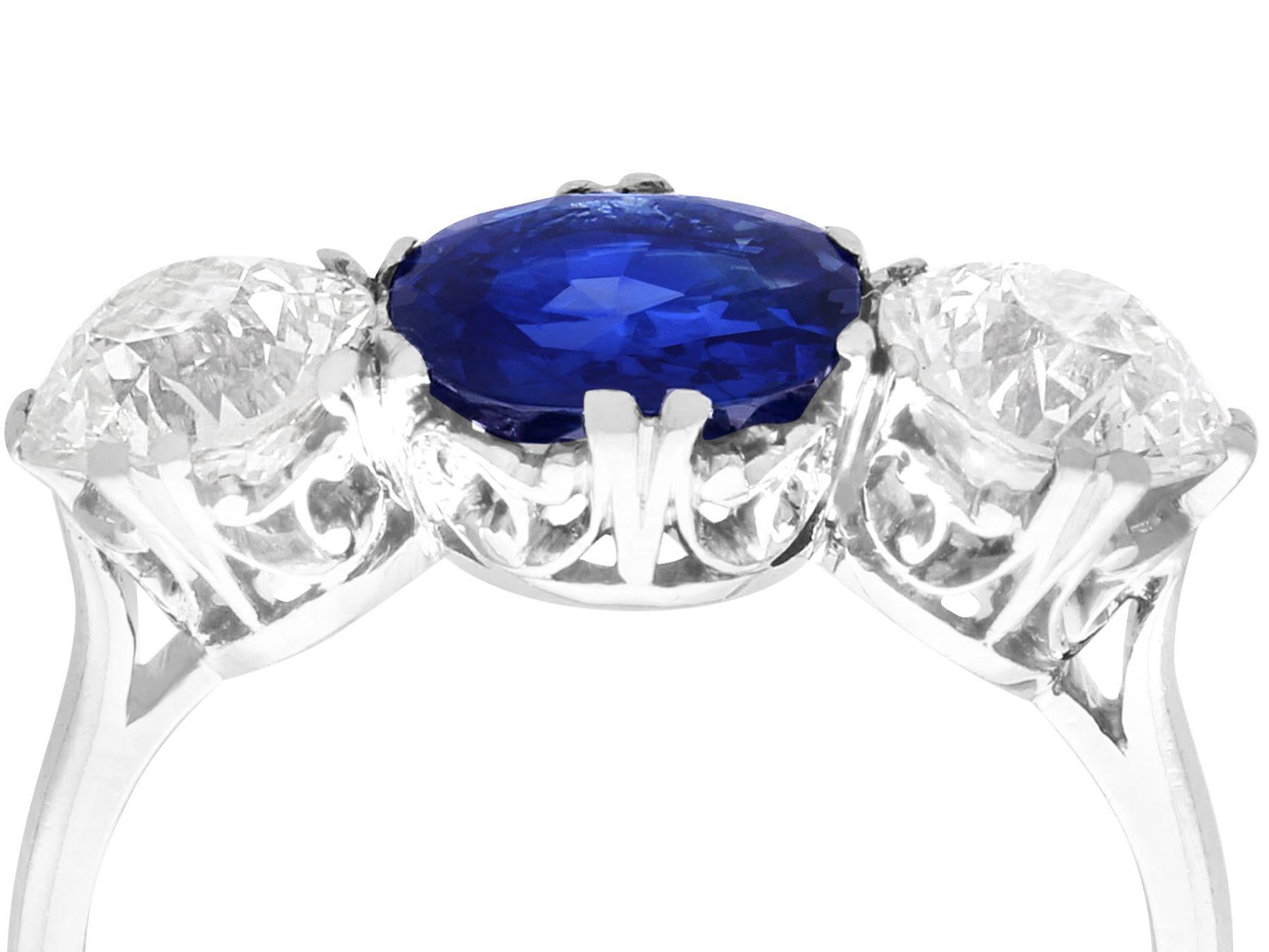 A stunning, fine and impressive antique 2.09 carat sapphire and 2.16 carat diamond, platinum trilogy ring; part of our diverse antique jewellery and estate jewelry collections.

This stunning, fine and impressive vintage sapphire and diamond trilogy