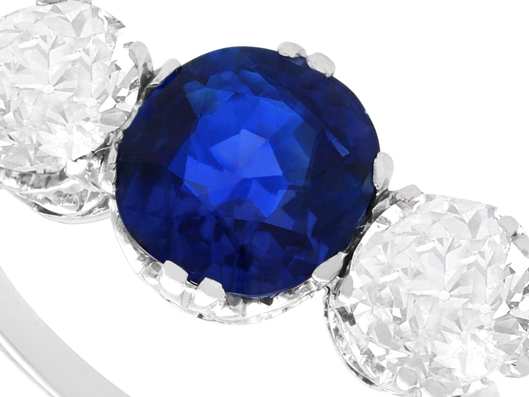 Cushion Cut Antique 2.09ct Sapphire and 2.16ct Diamond, Platinum Trilogy Ring