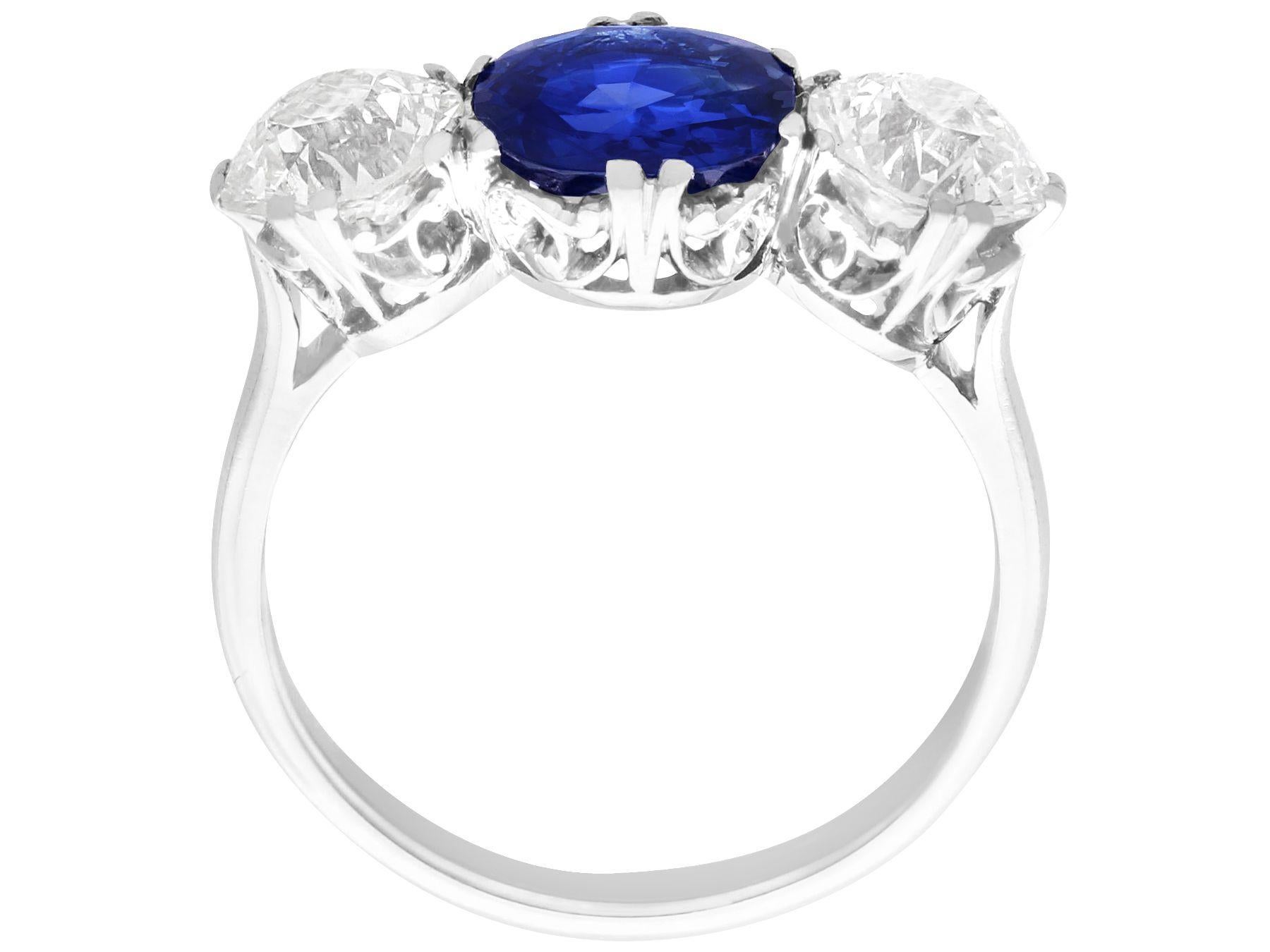 Antique 2.09ct Sapphire and 2.16ct Diamond, Platinum Trilogy Ring 2