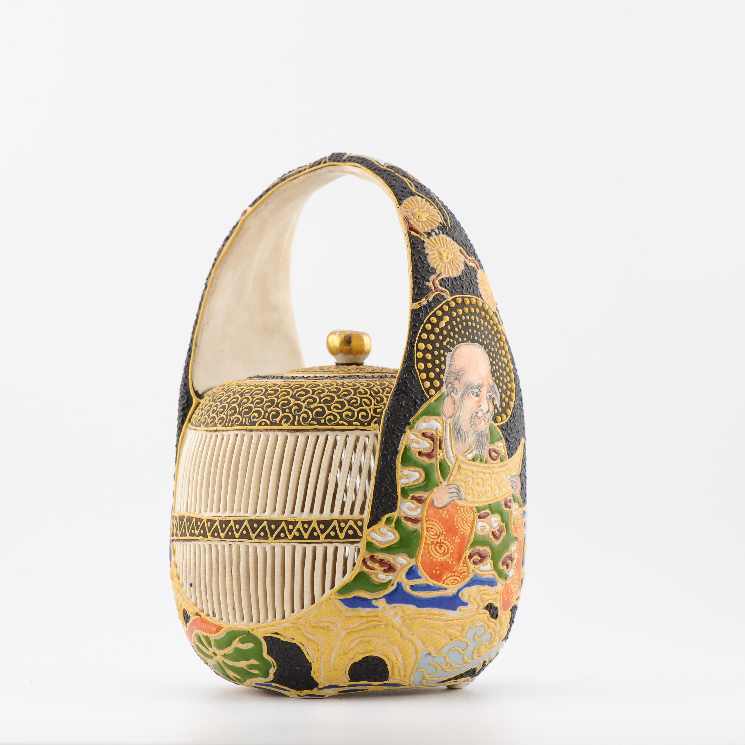 Antique 20C Japanese Satsuma Vase Cricket Box Earthenware Japan 3