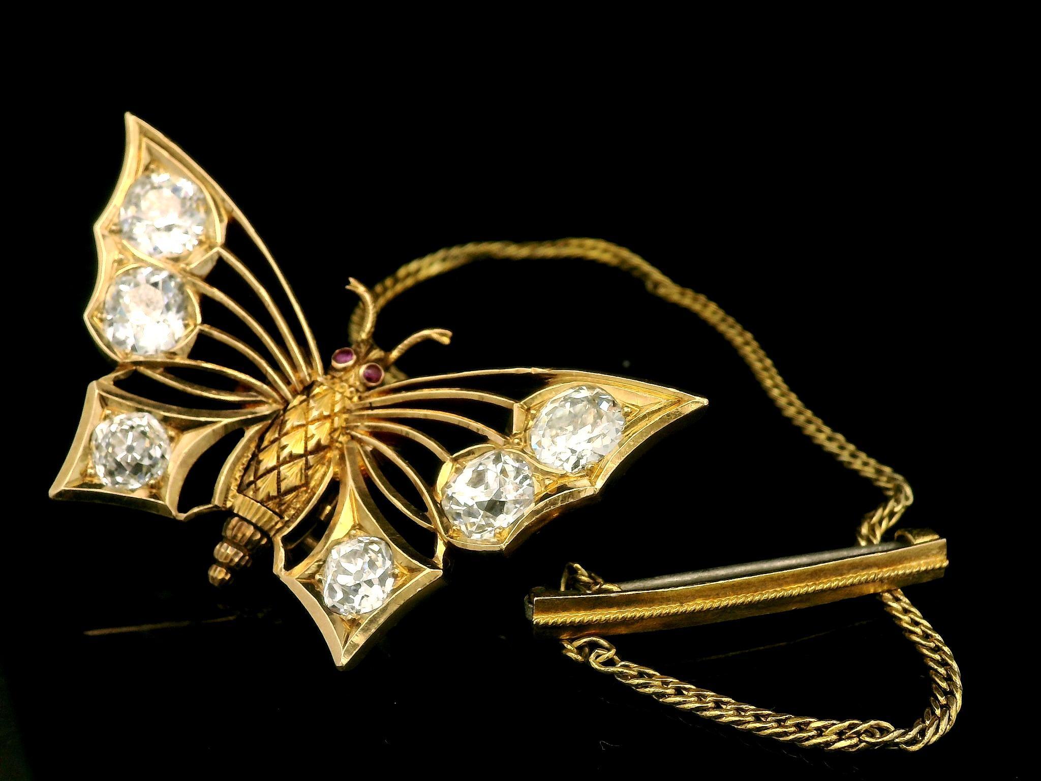 Antique 20k Gold 6.30ctw Old Mine Cut Diamond Butterfly Folding Pin Brooch For Sale 1