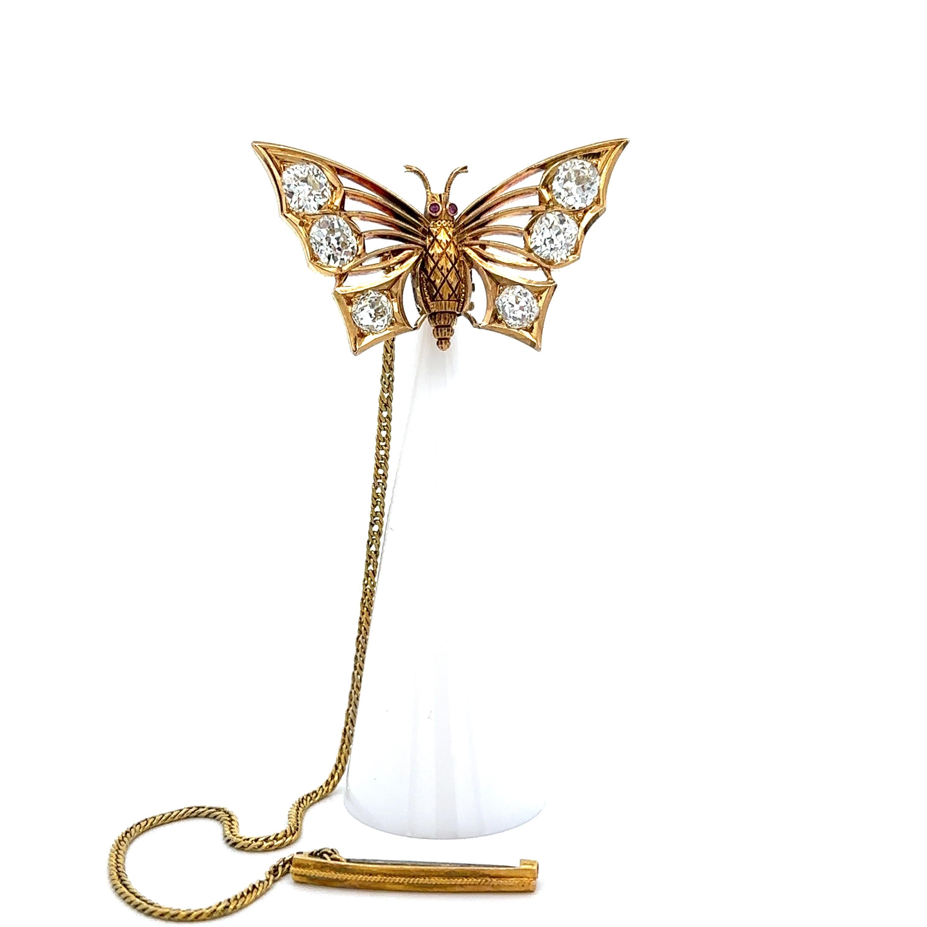 Antique 20k Gold 6.30ctw Old Mine Cut Diamond Butterfly Folding Pin Brooch For Sale 3