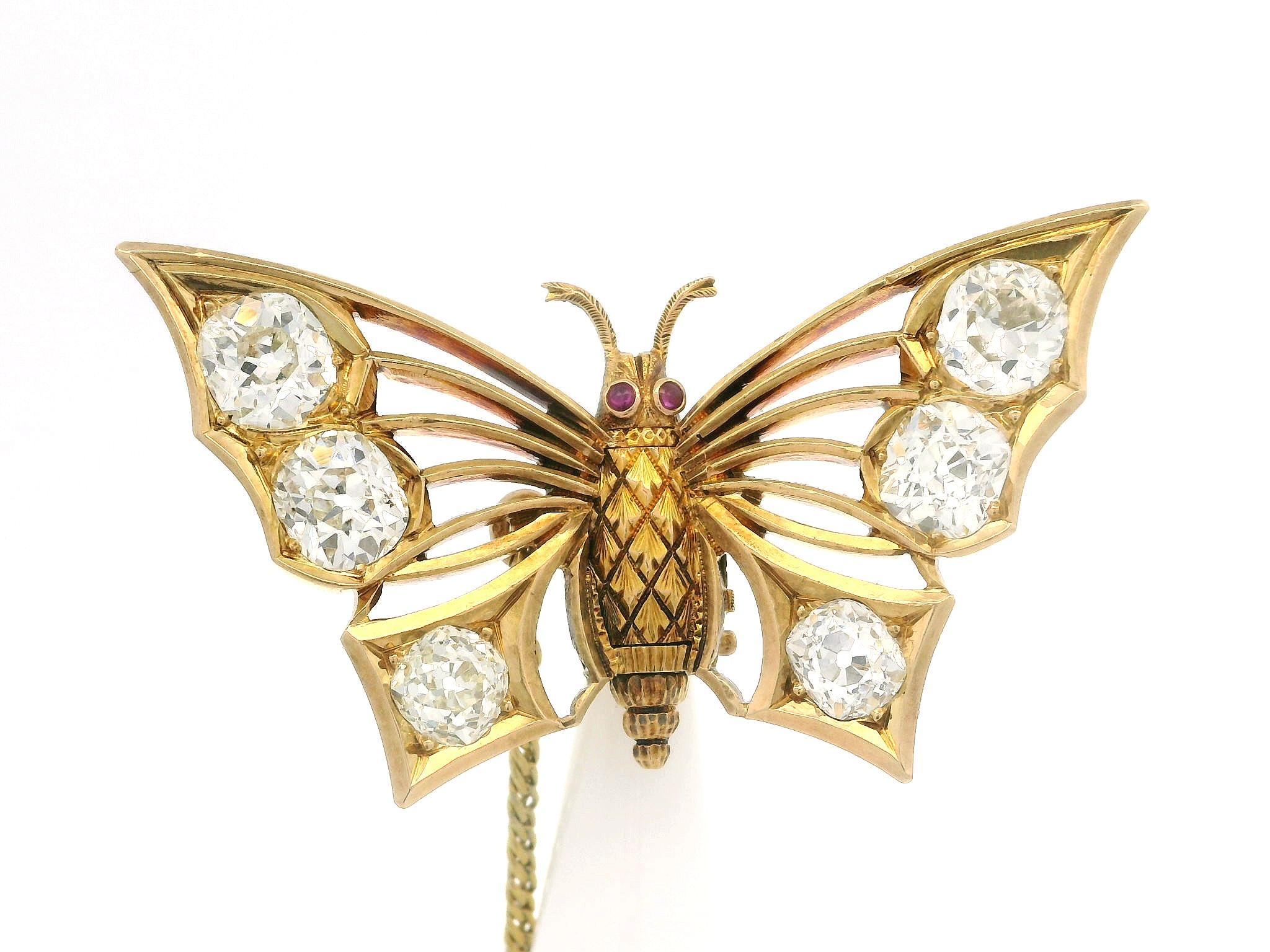 Antique 20k Gold 6.30ctw Old Mine Cut Diamond Butterfly Folding Pin Brooch For Sale 4