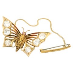 Antique 20k Gold 6.30ctw Old Mine Cut Diamond Butterfly Folding Pin Brooch