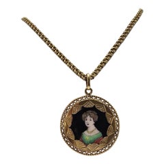 Ciondolo antico in oro 20K con ritratto in miniatura e catena da 27 pollici