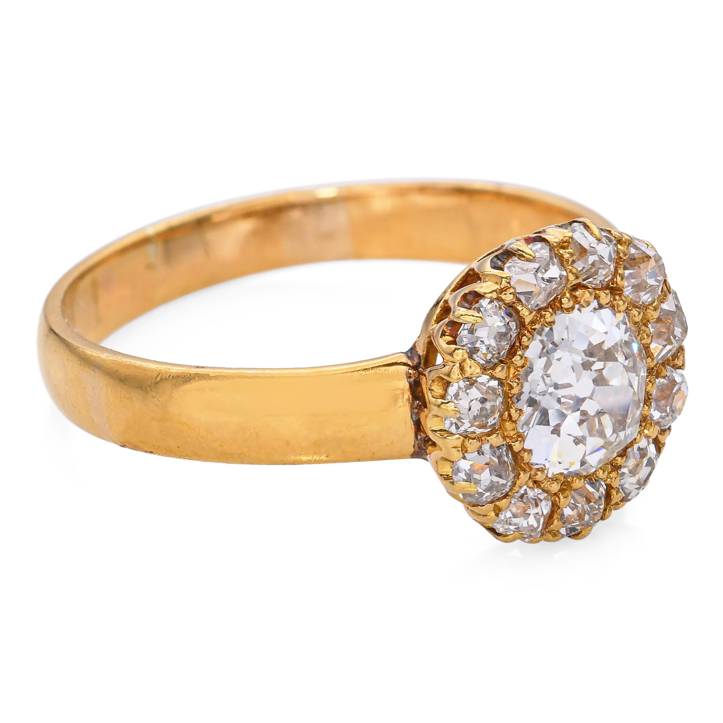 Antiker 20k Gelbgold 1,25tcw Old Euro Diamant Halo Verlobungsring im Angebot 1