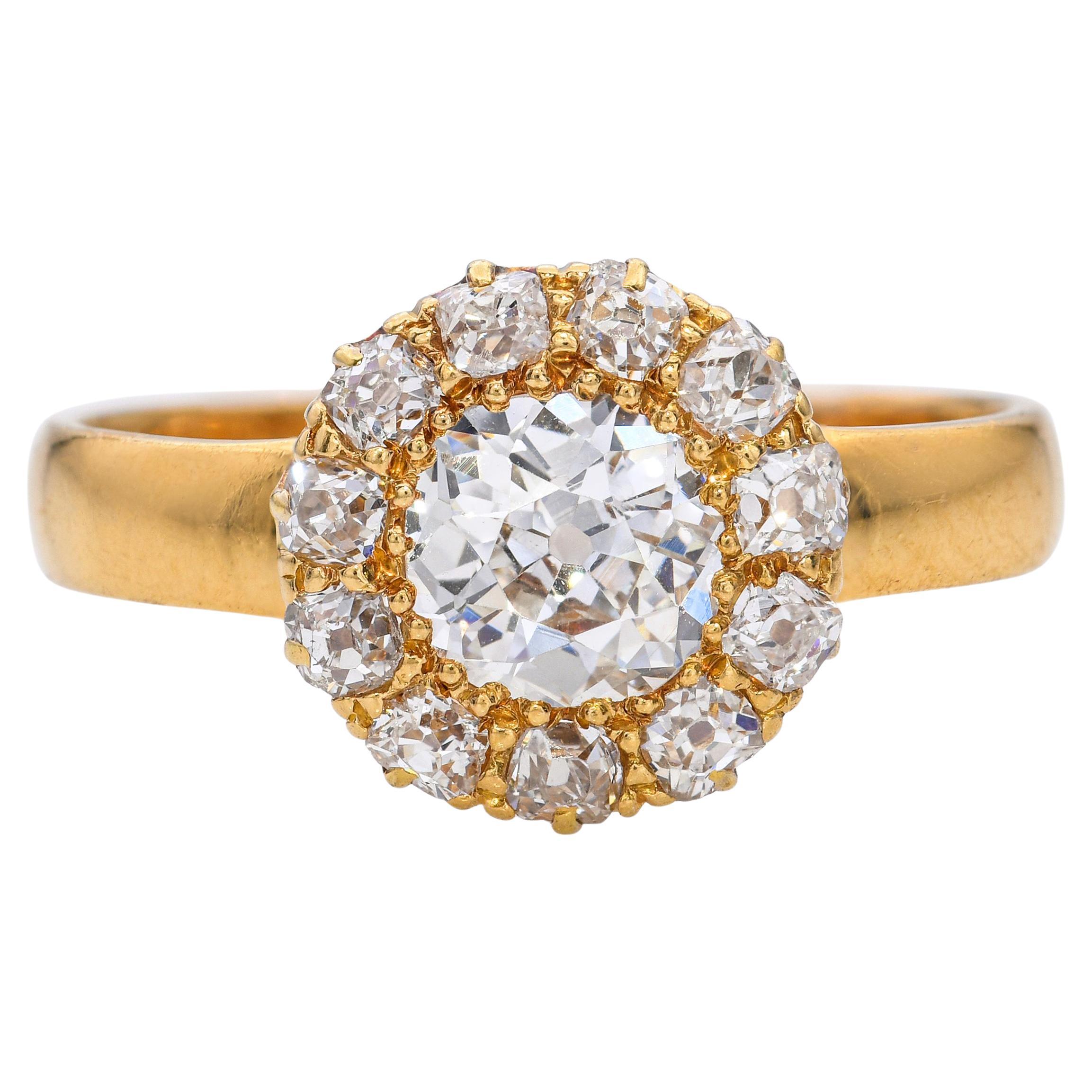 Antiker 20k Gelbgold 1,25tcw Old Euro Diamant Halo Verlobungsring im Angebot