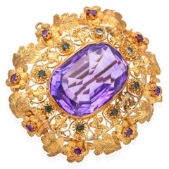 Antique 20k Yellow Gold 22.5ct Amethyst Tourmaline and Ruby Floral Brooch Pin