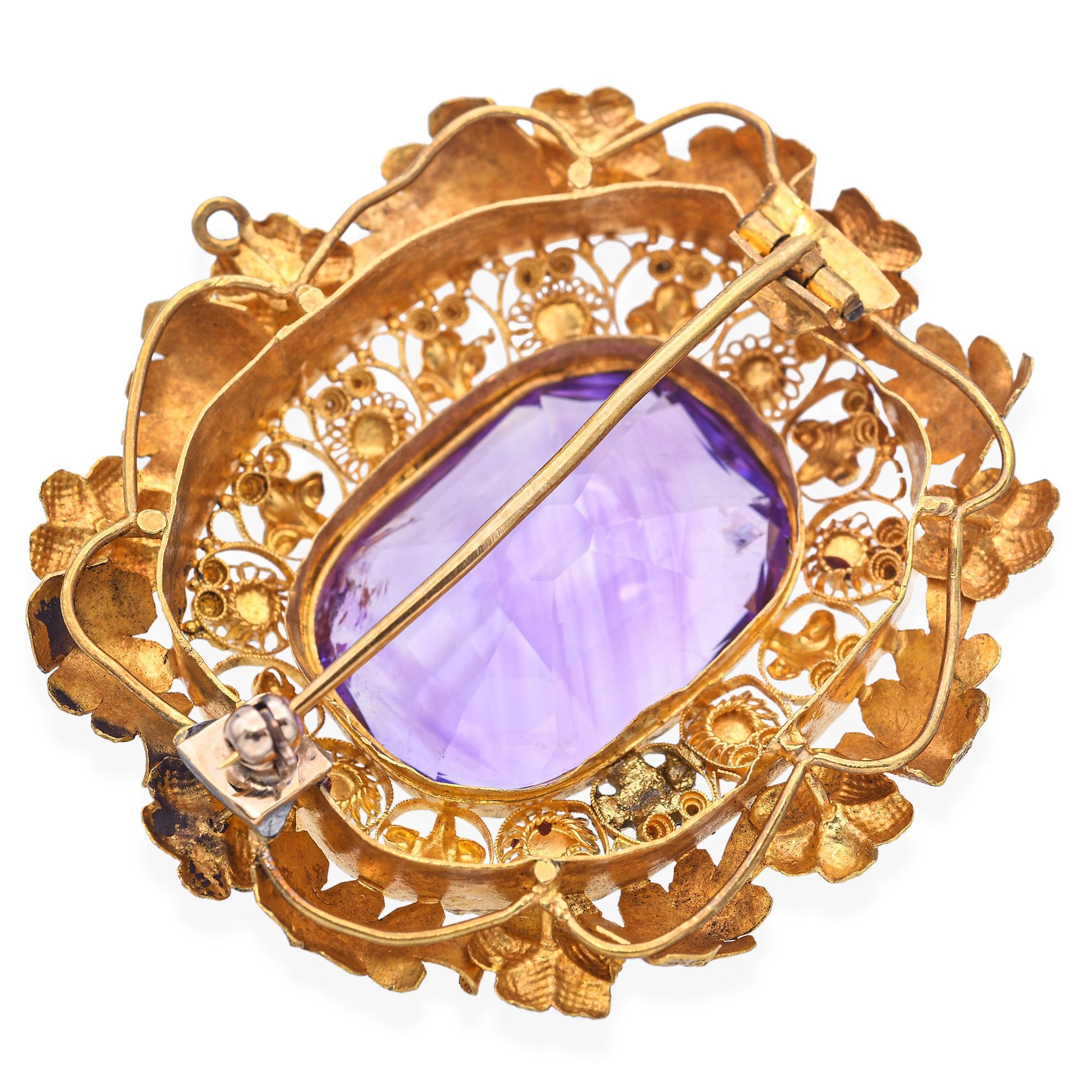 De las mujeres Antique 20k Yellow Gold 22.5ct Amethyst Tourmaline and Ruby Floral Brooch Pin en venta