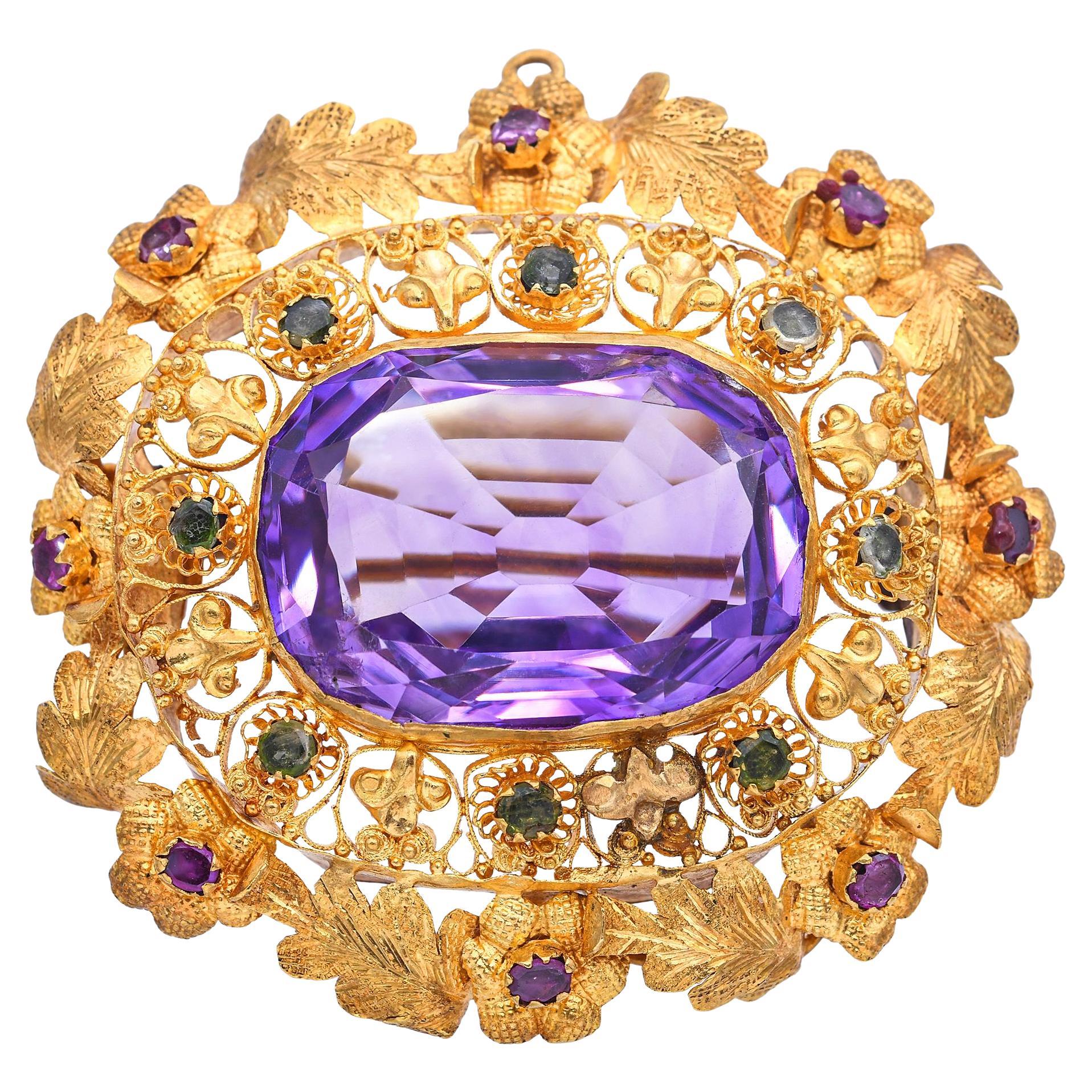 Antique 20k Yellow Gold 22.5ct Amethyst Tourmaline and Ruby Floral Brooch Pin