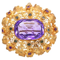 Antique 20k Yellow Gold 22.5ct Amethyst Tourmaline and Ruby Floral Brooch Pin