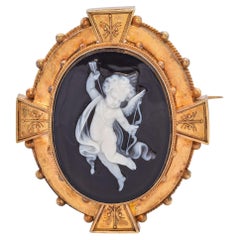 Antique 20k Yellow Gold Agate Cameo "Eros (Cupid)" Brooch