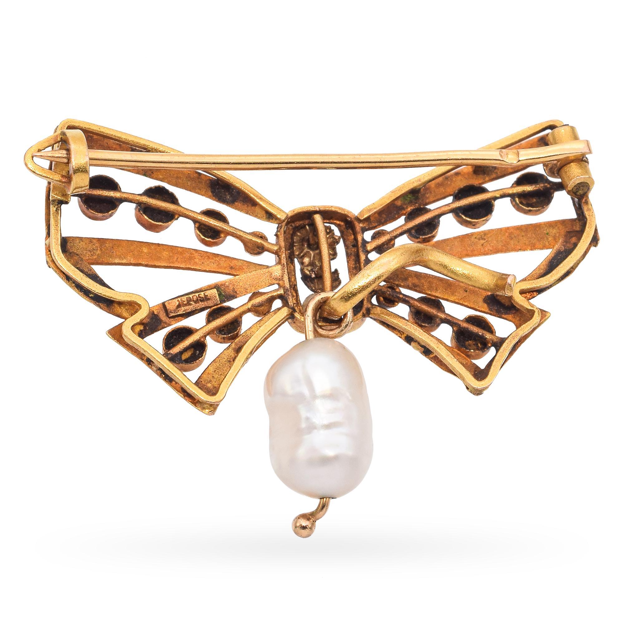 Victorian Antique 20k Yellow Gold Bow Brooch With Floral Details and Pearl