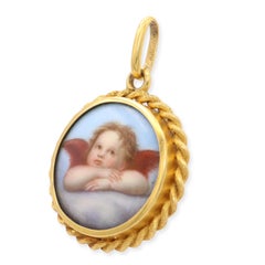 Antique 20k Yellow Gold Hand Painted Miniature Cherub Mourning Pendant