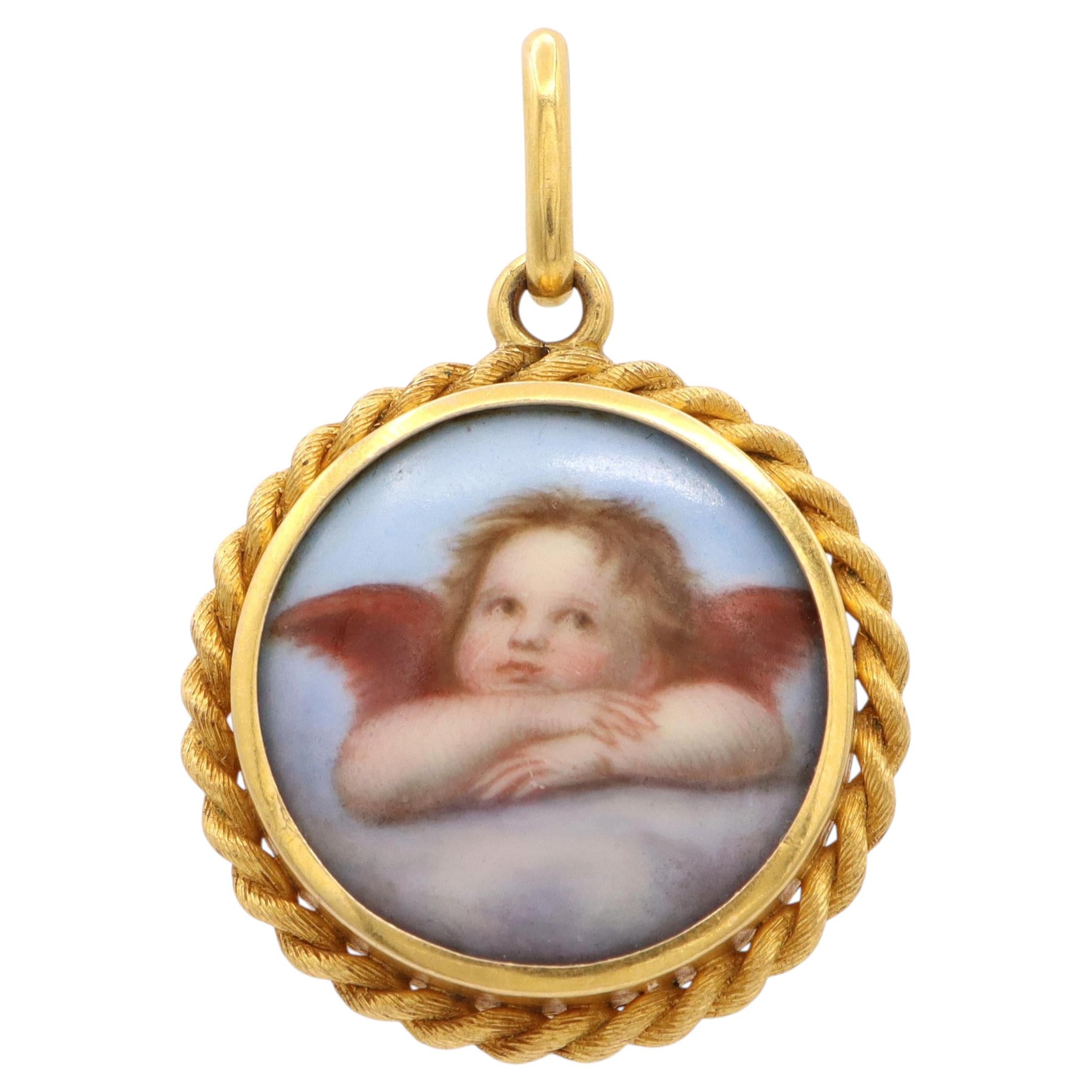 Antique 20k Yellow Gold Hand Painted Miniature Cherub Mourning Pendant