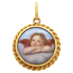 Antique 20k Yellow Gold Hand Painted Miniature Cherub Mourning Pendant