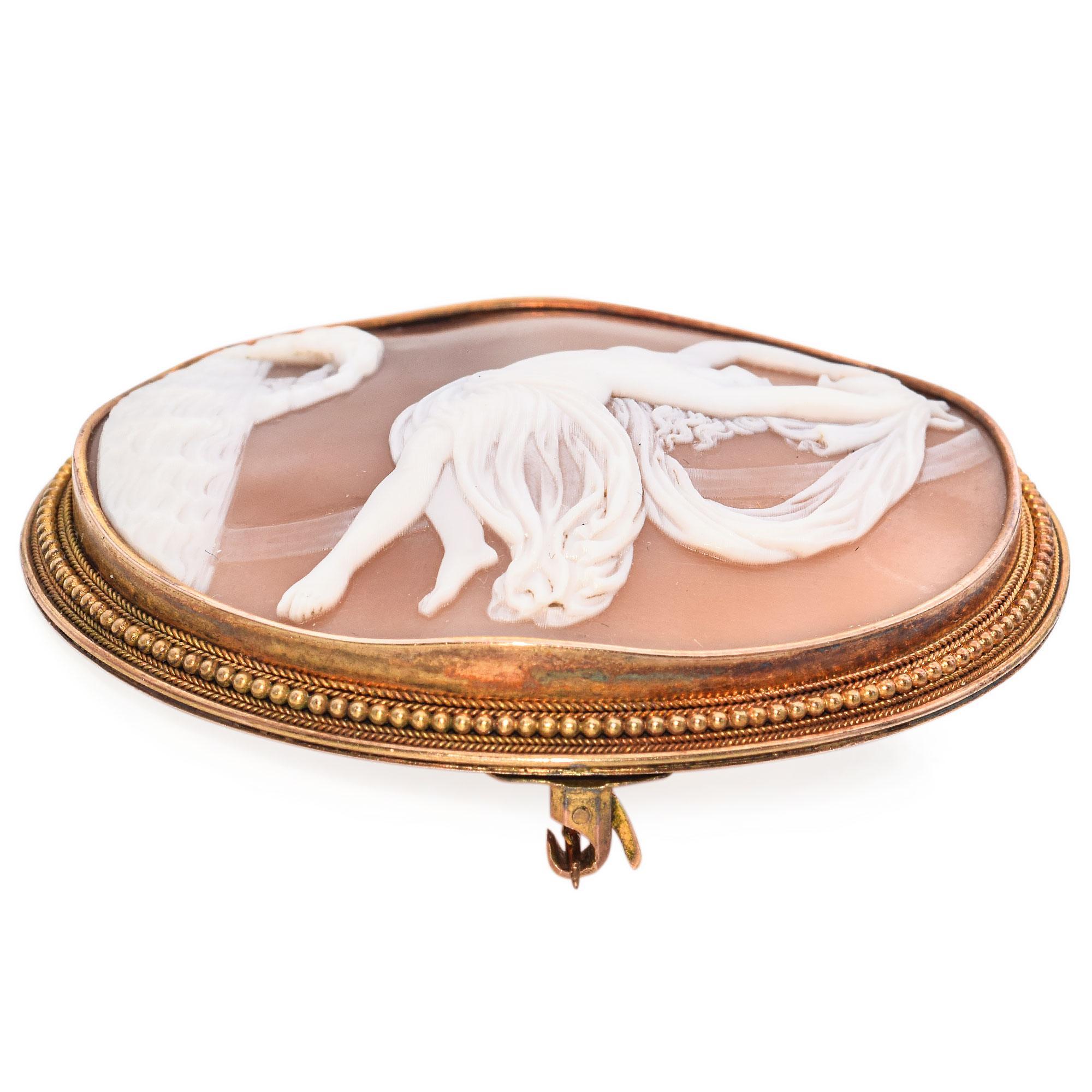 Women's Antique 20K Yellow Gold Iris Over River Styx Magic Water Cameo Brooch For Sale