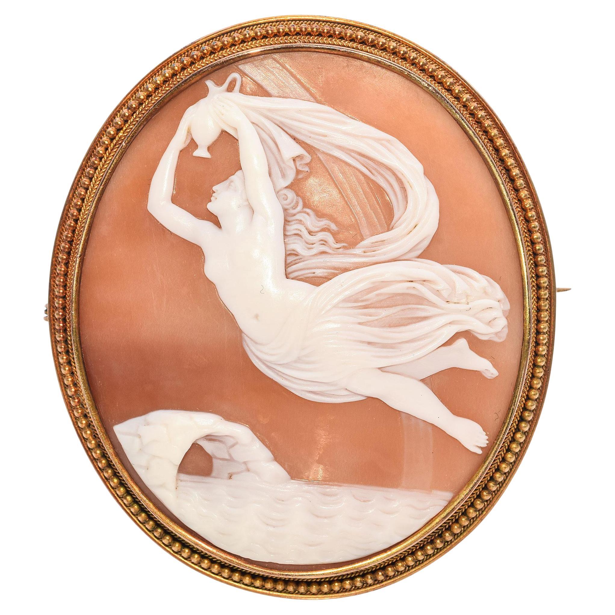 Antique 20K Yellow Gold Iris Over River Styx Magic Water Cameo Brooch