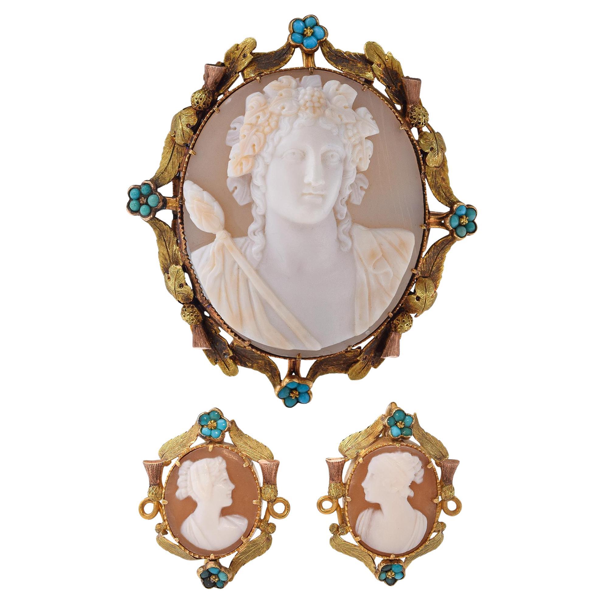 Antique 20k Yellow Gold Shell Cameo "Bacchante with Fruiting Vines" Jewelry Set