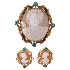 Antique 20k Yellow Gold Shell Cameo "Bacchante with Fruiting Vines" Jewelry Set