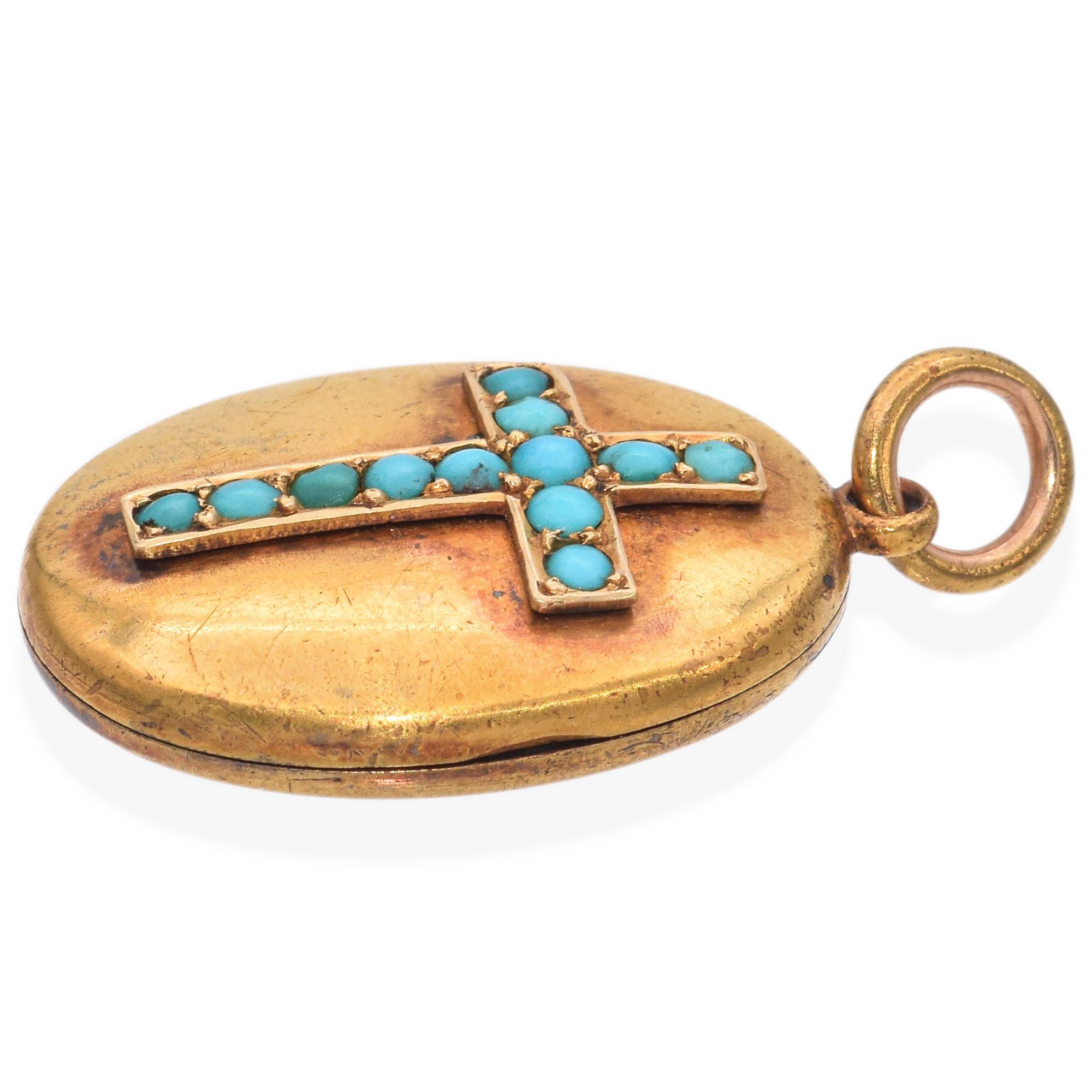 Antiker viktorianischer Türkis-Kreuz-Medaillon-Anhänger aus 20 Karat Gelbgold (Cabochon)