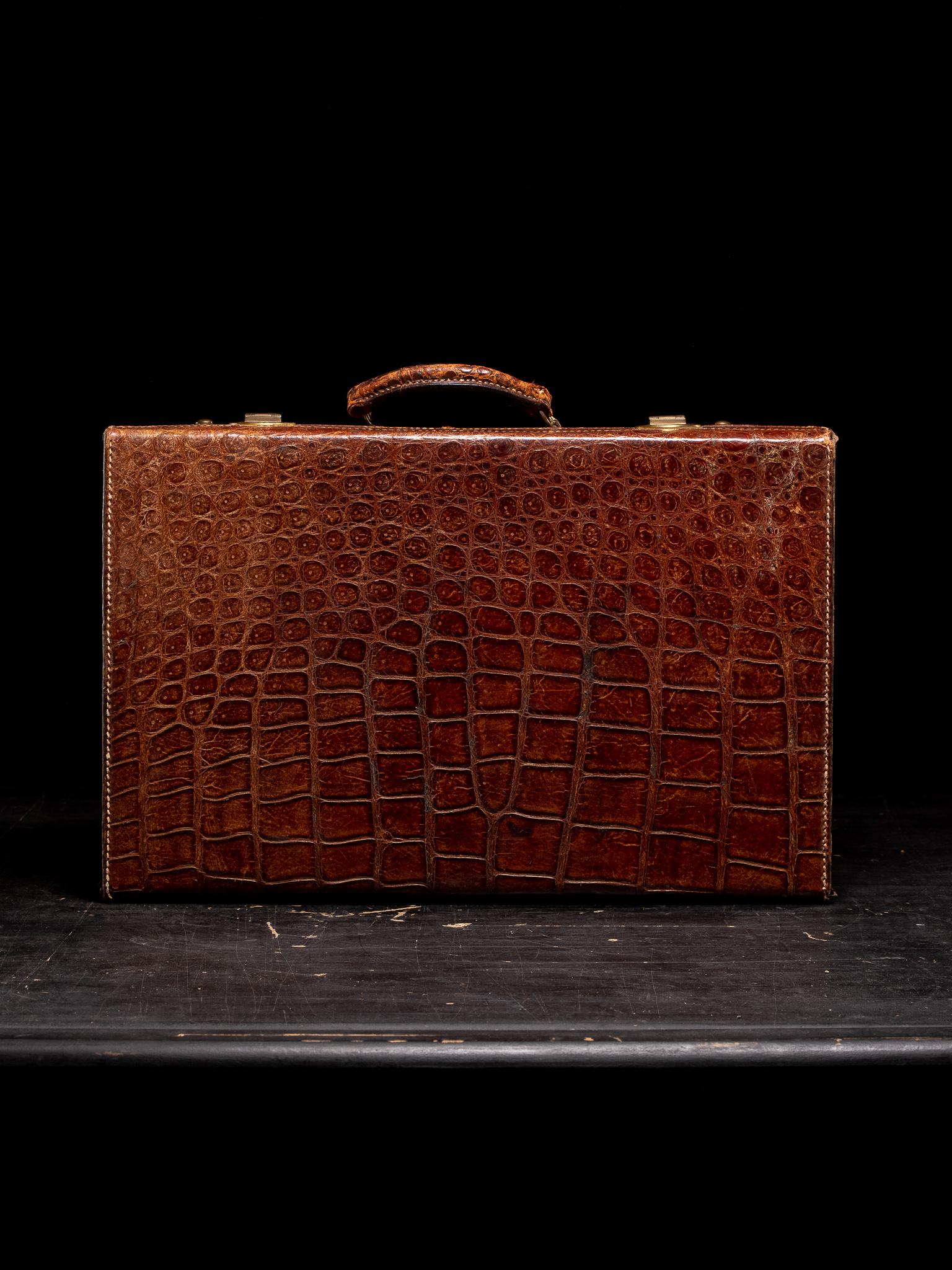 Antique 20th C Handmade Crocodile Travel Overnight Suitcase For Sale 1