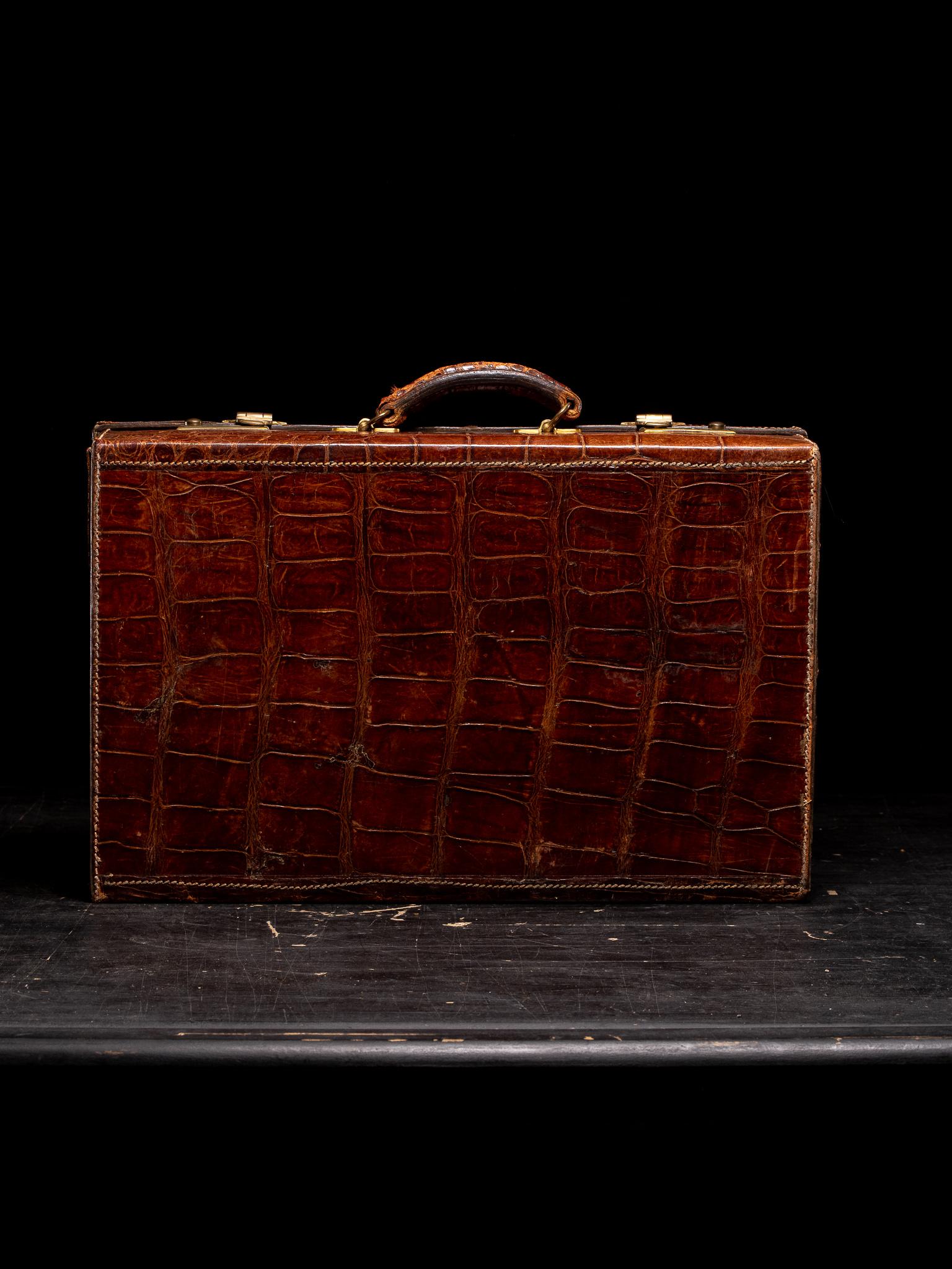 Antique 20th C Handmade Crocodile Travel Overnight Suitcase For Sale 2