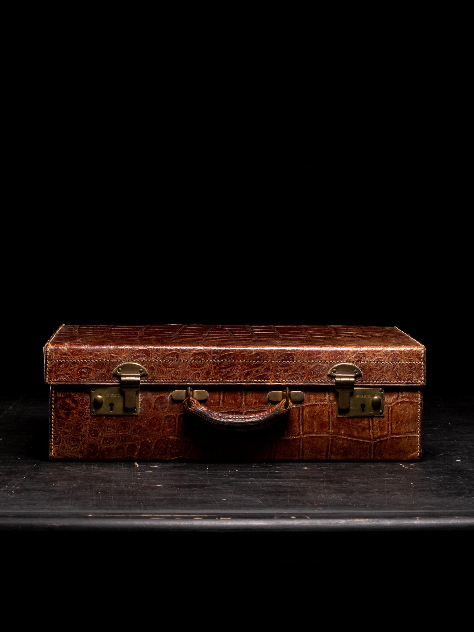 19th Century Antique 20th C Handmade Crocodile Travel Overnight Suitcase For Sale