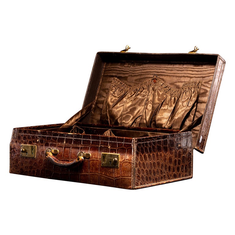 Antique 20th C Handmade Crocodile Travel Overnight Suitcase For 