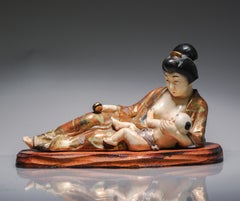 Antique 20th C Taisho Japanese Kyo Satsuma Statue of Mother and Child Marked