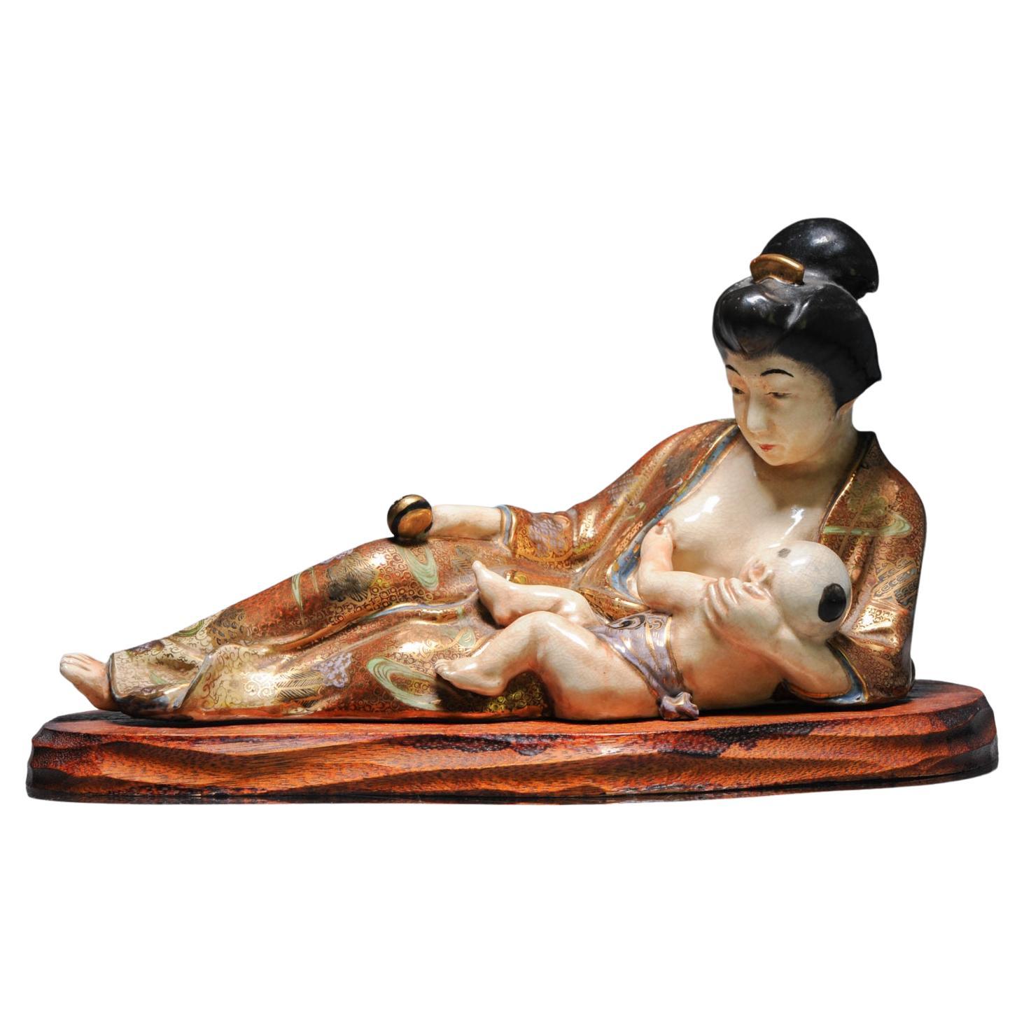 Antique 20th C Taisho Japanese Kyo Satsuma Statue of Mother and Child Marked For Sale