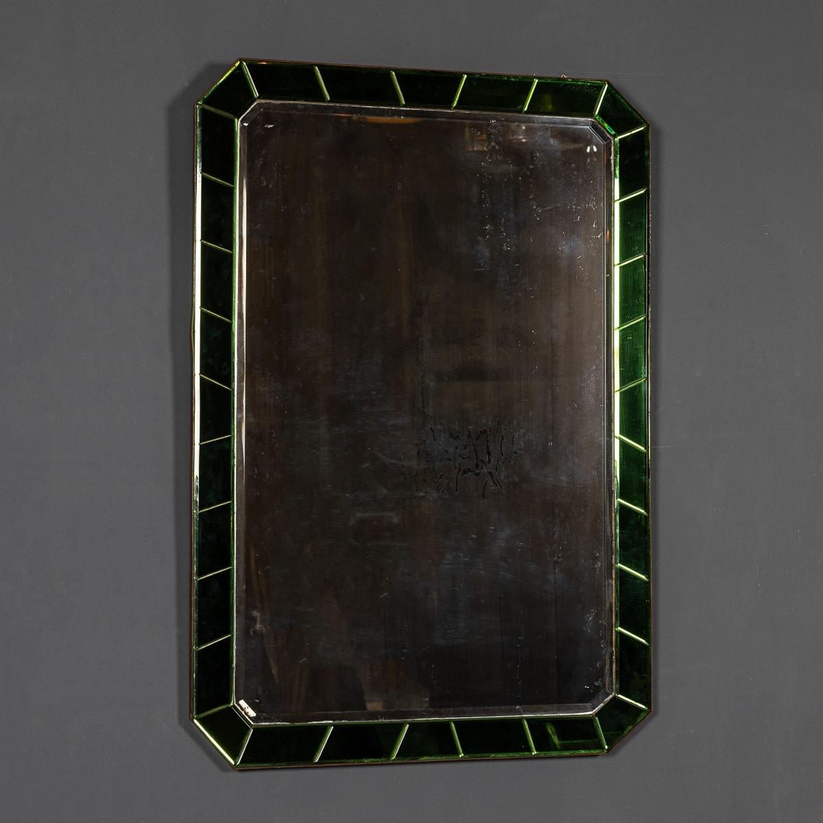 Italian Antique 20th Century Art Deco Mirror With Green Glass & Brass Surround c.1930